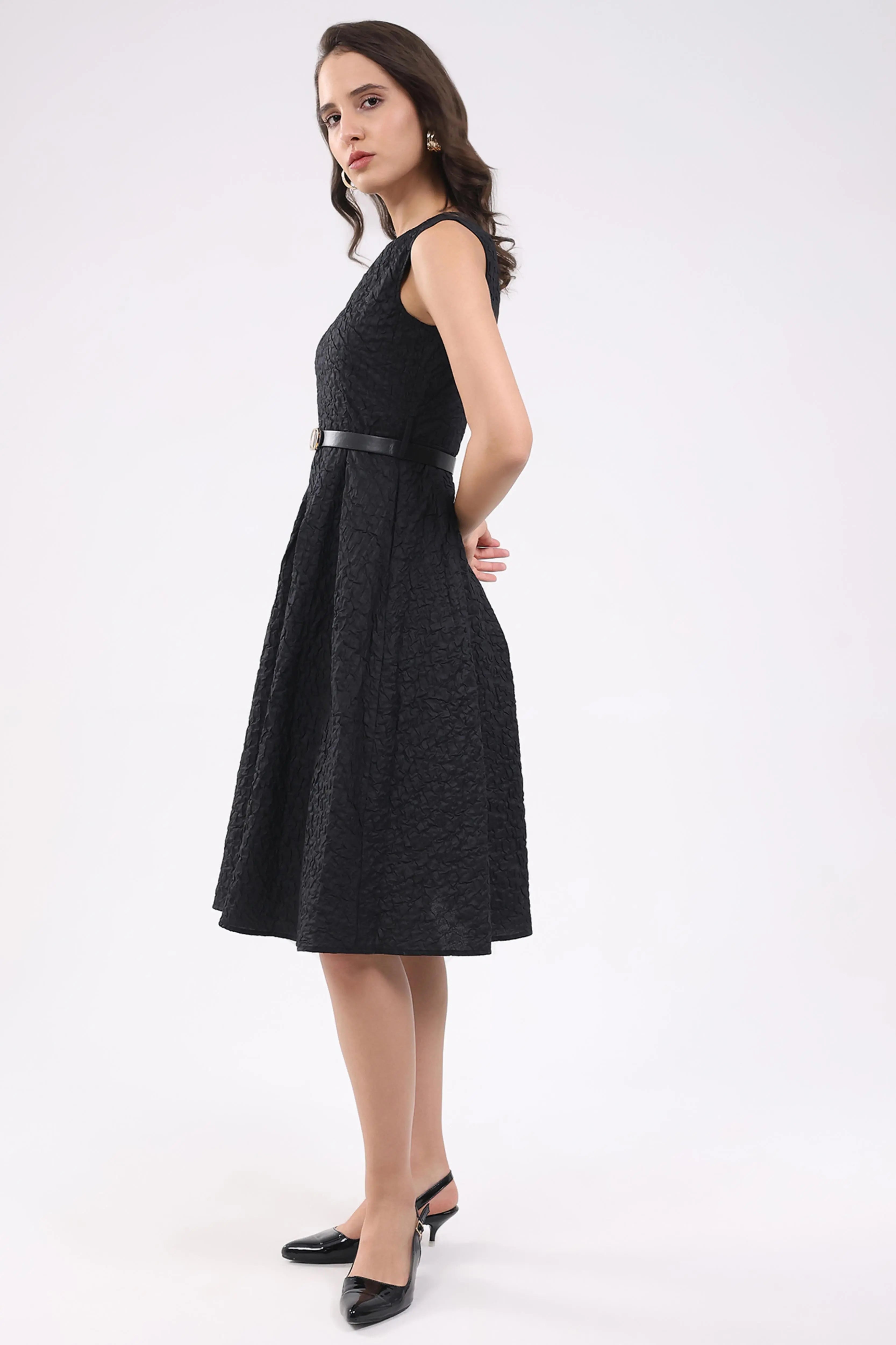 Black Fit & Flare Textured Midi Dress - Global Republic