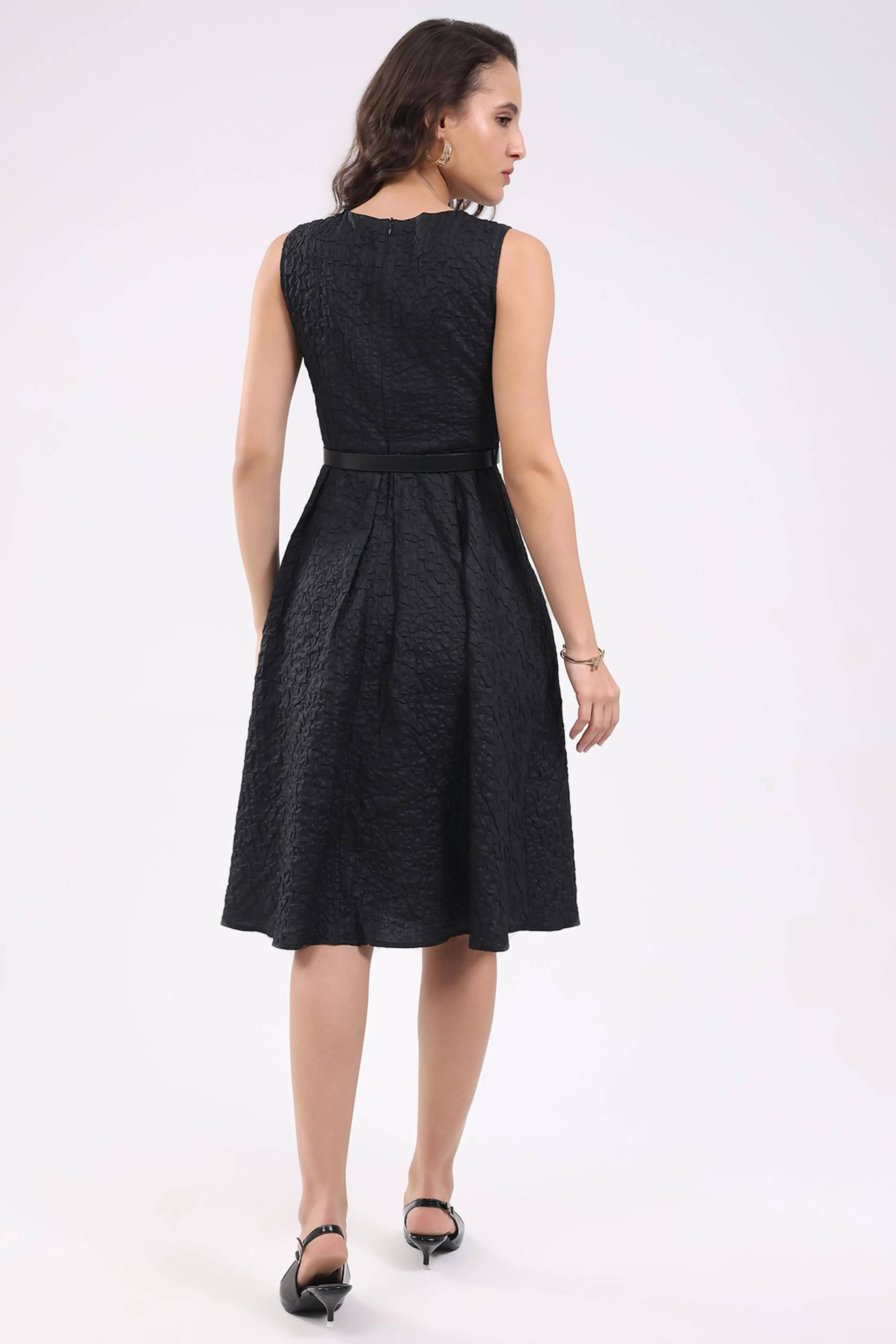 Black Fit & Flare Textured Midi Dress - Global Republic