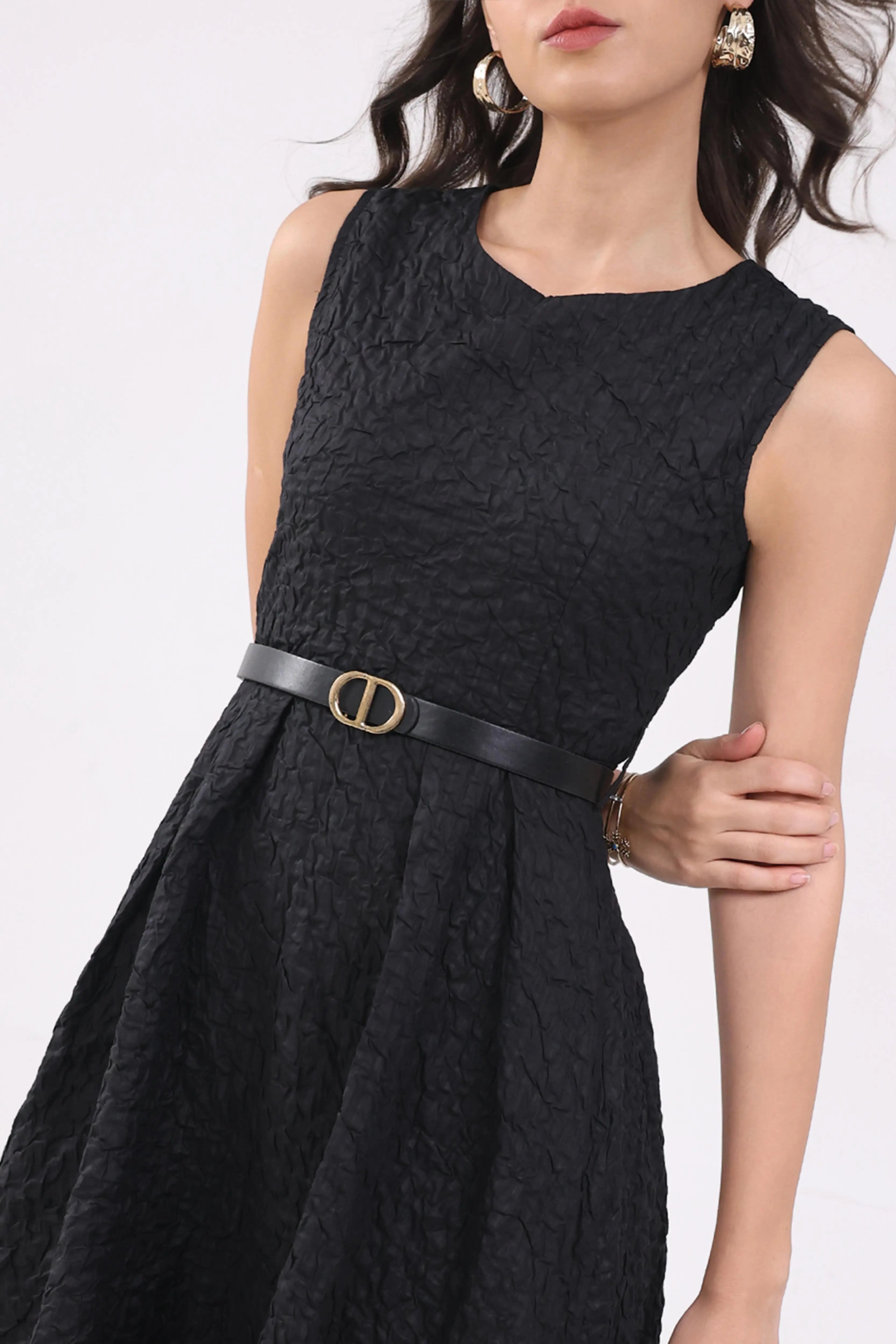 Black Fit & Flare Textured Midi Dress - Global Republic