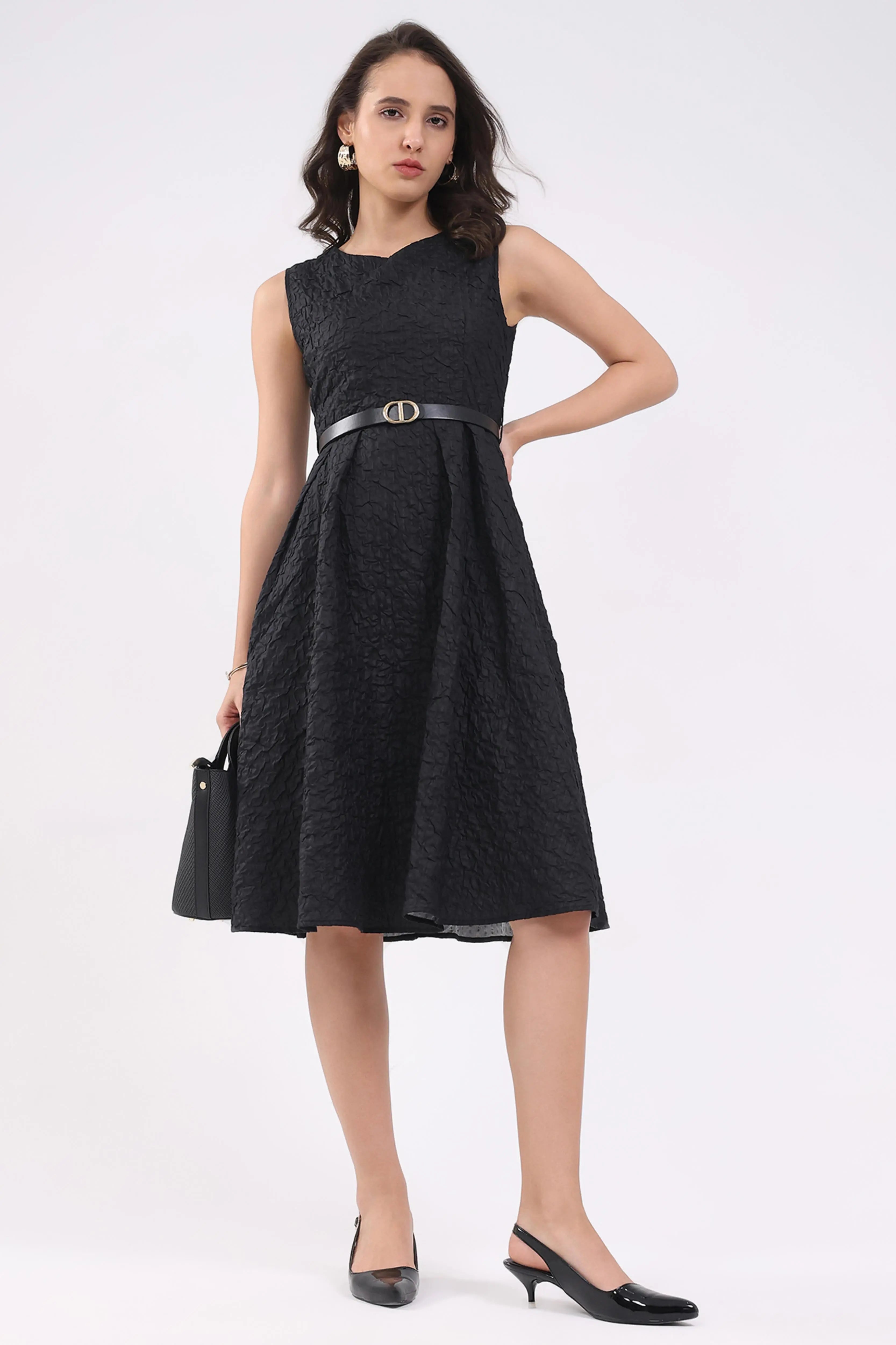 Black Fit & Flare Textured Midi Dress - Global Republic