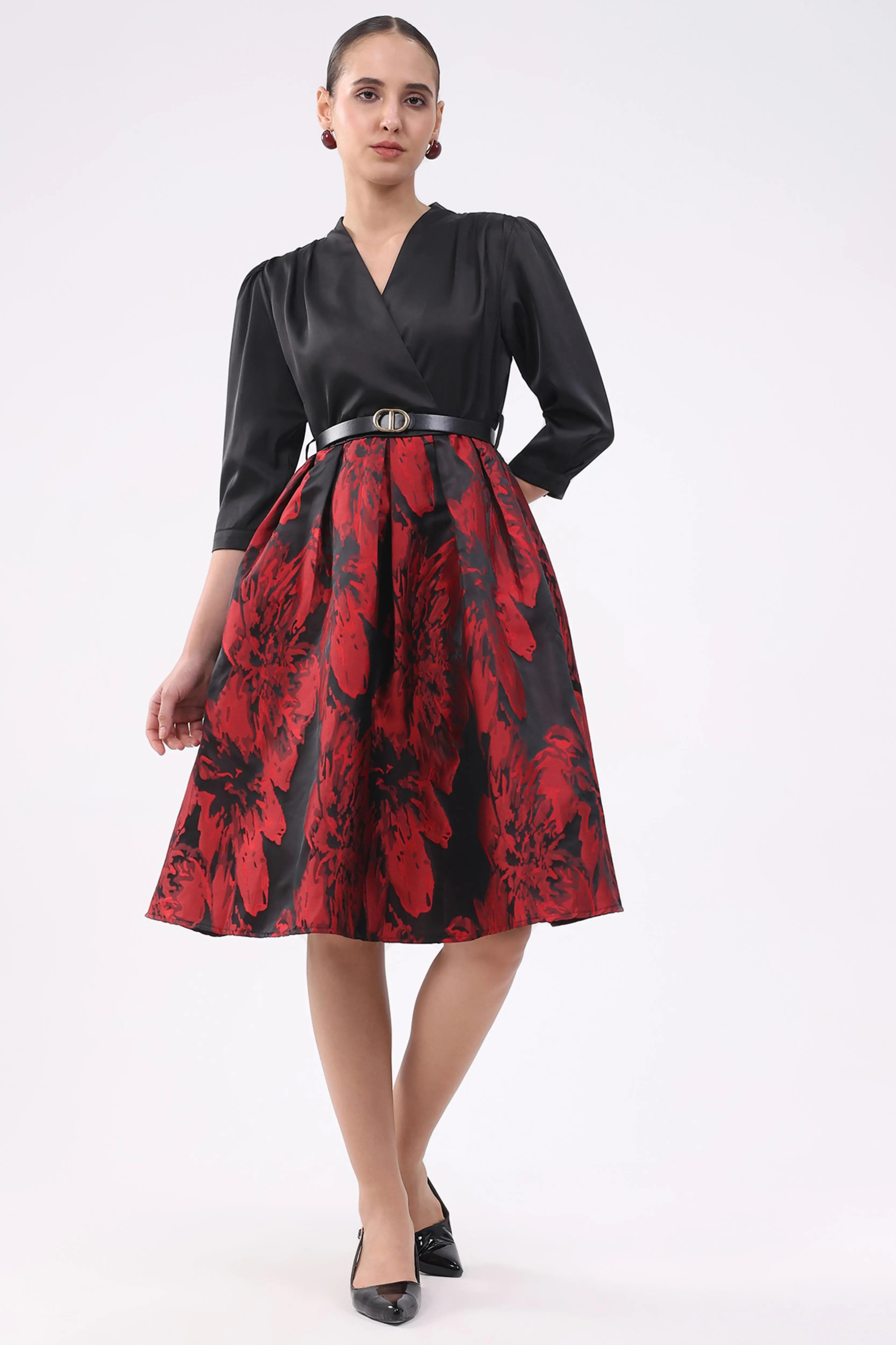 Black & Red Satin Fit & Flare Dress - Global Republic