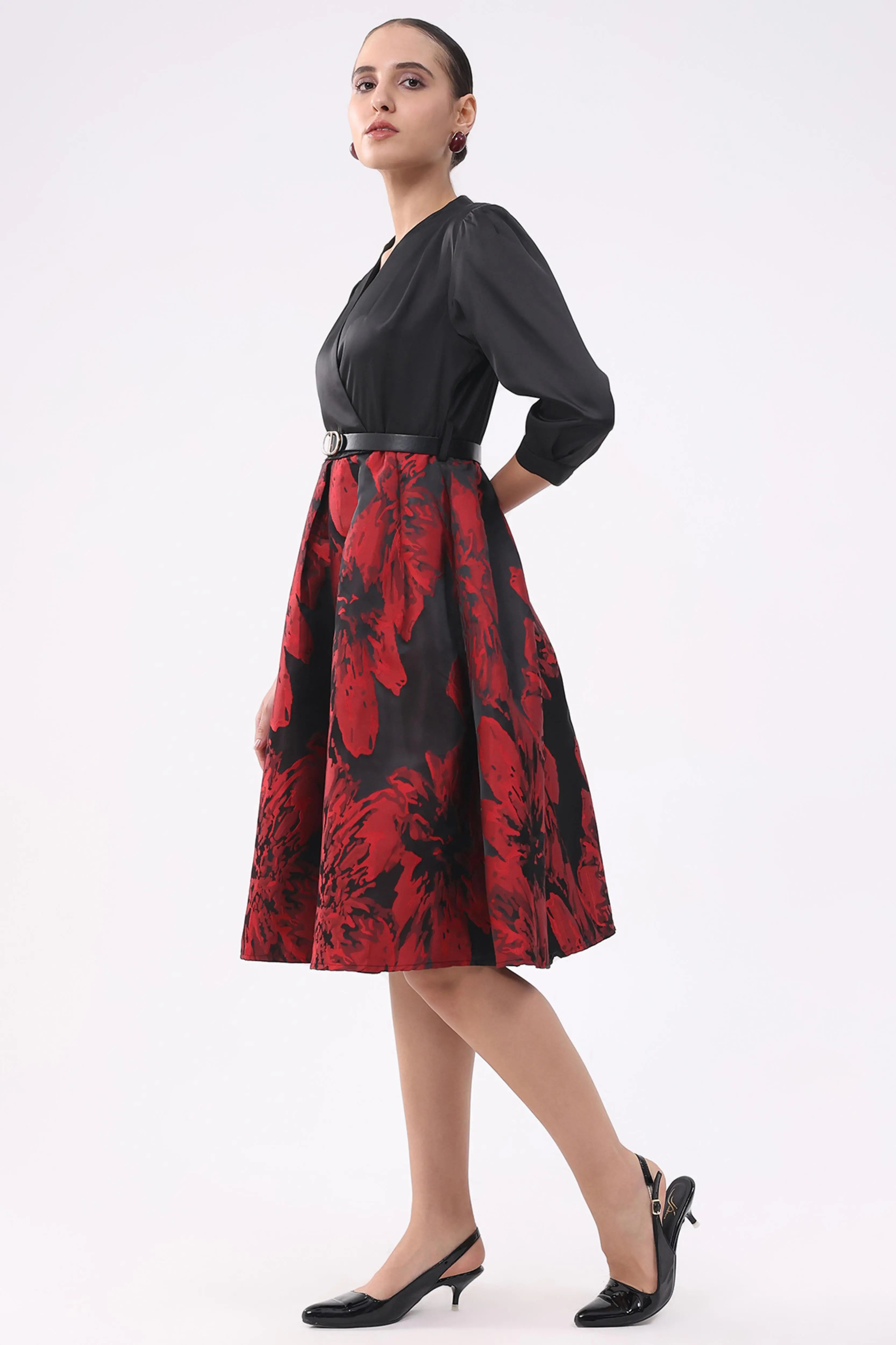 Black & Red Satin Fit & Flare Dress - Global Republic