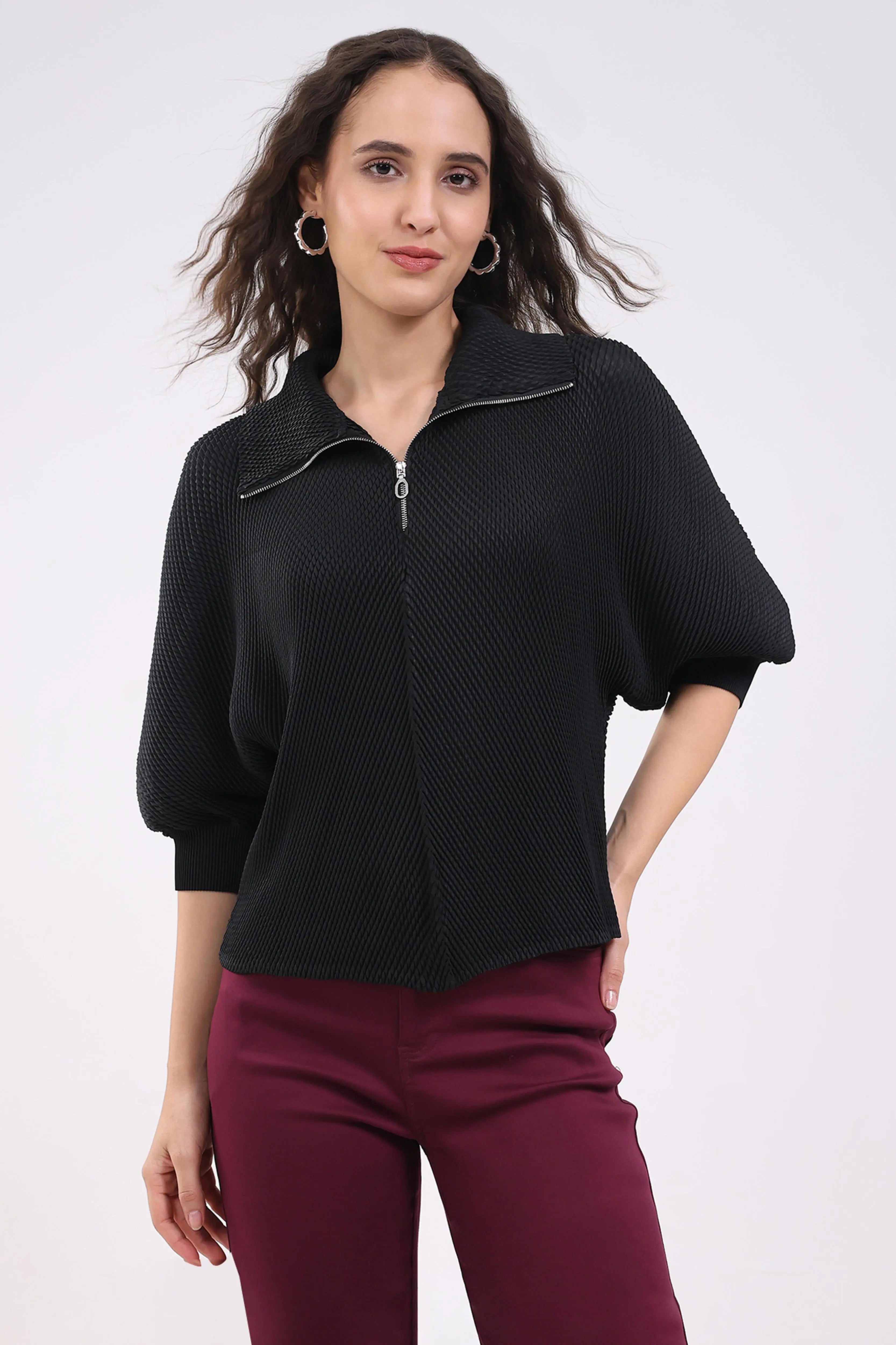 Black Solid Pleated Blouson Top - Global Republic
