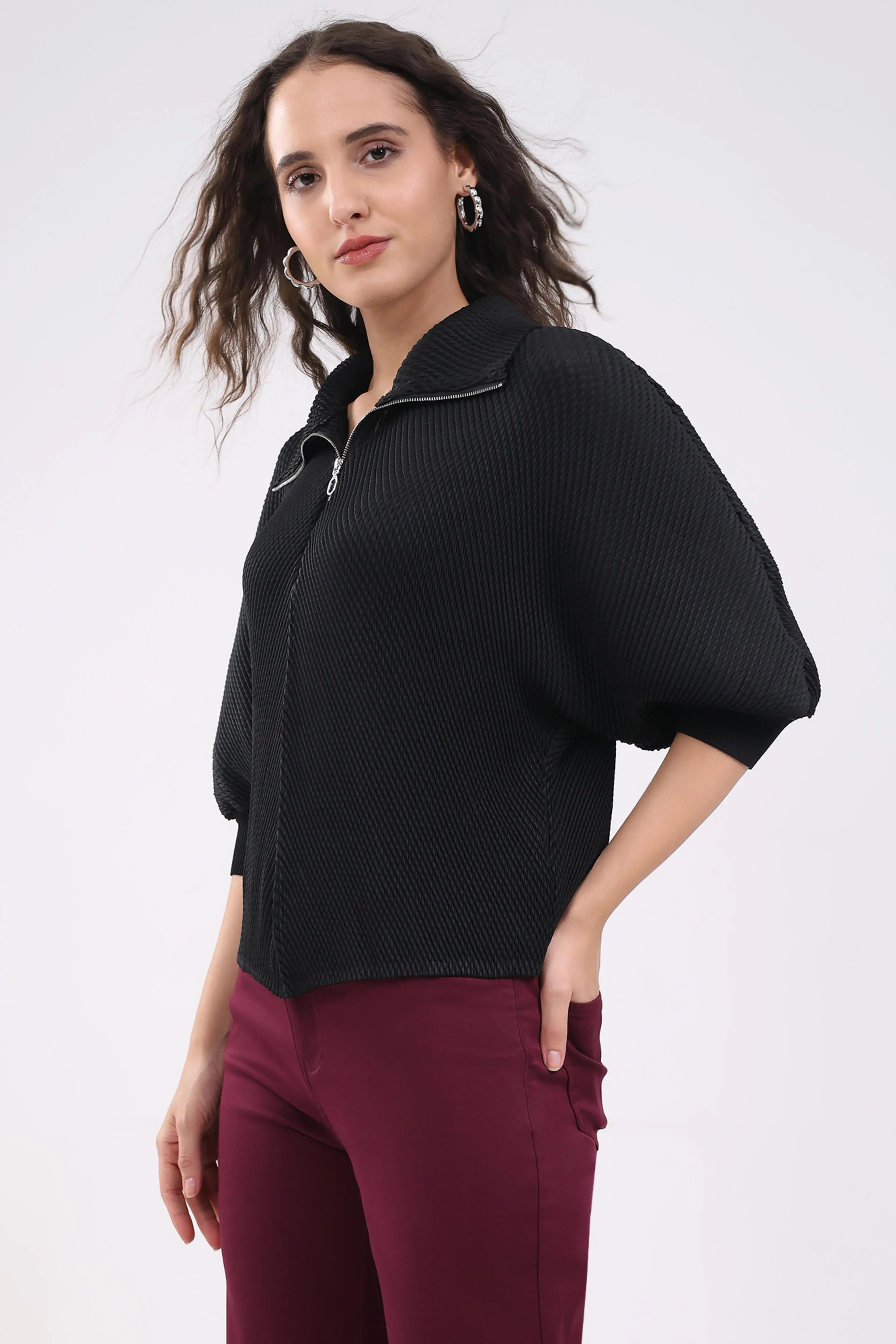 Black Solid Pleated Blouson Top - Global Republic