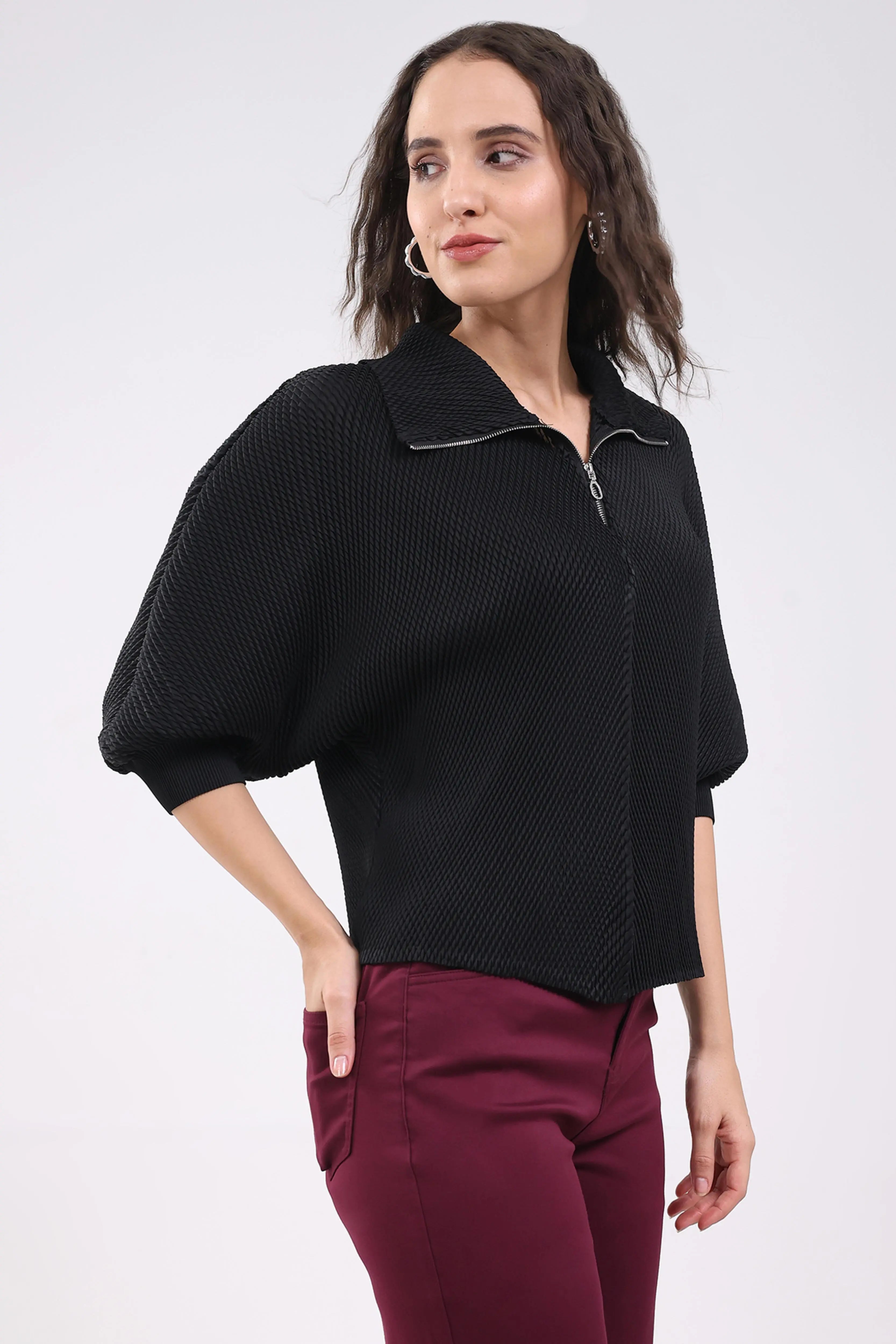 Black Solid Pleated Blouson Top - Global Republic