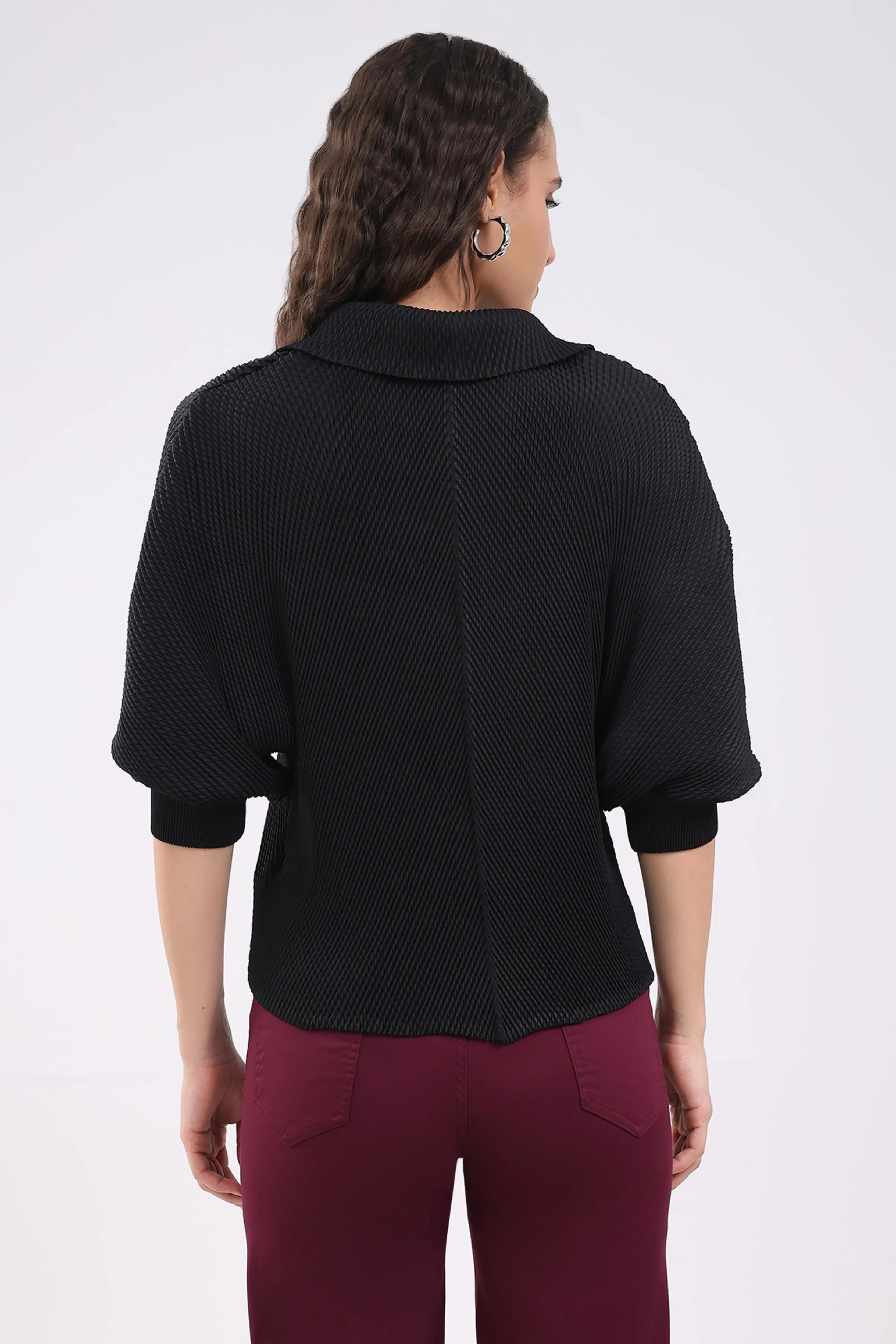Black Solid Pleated Blouson Top - Global Republic