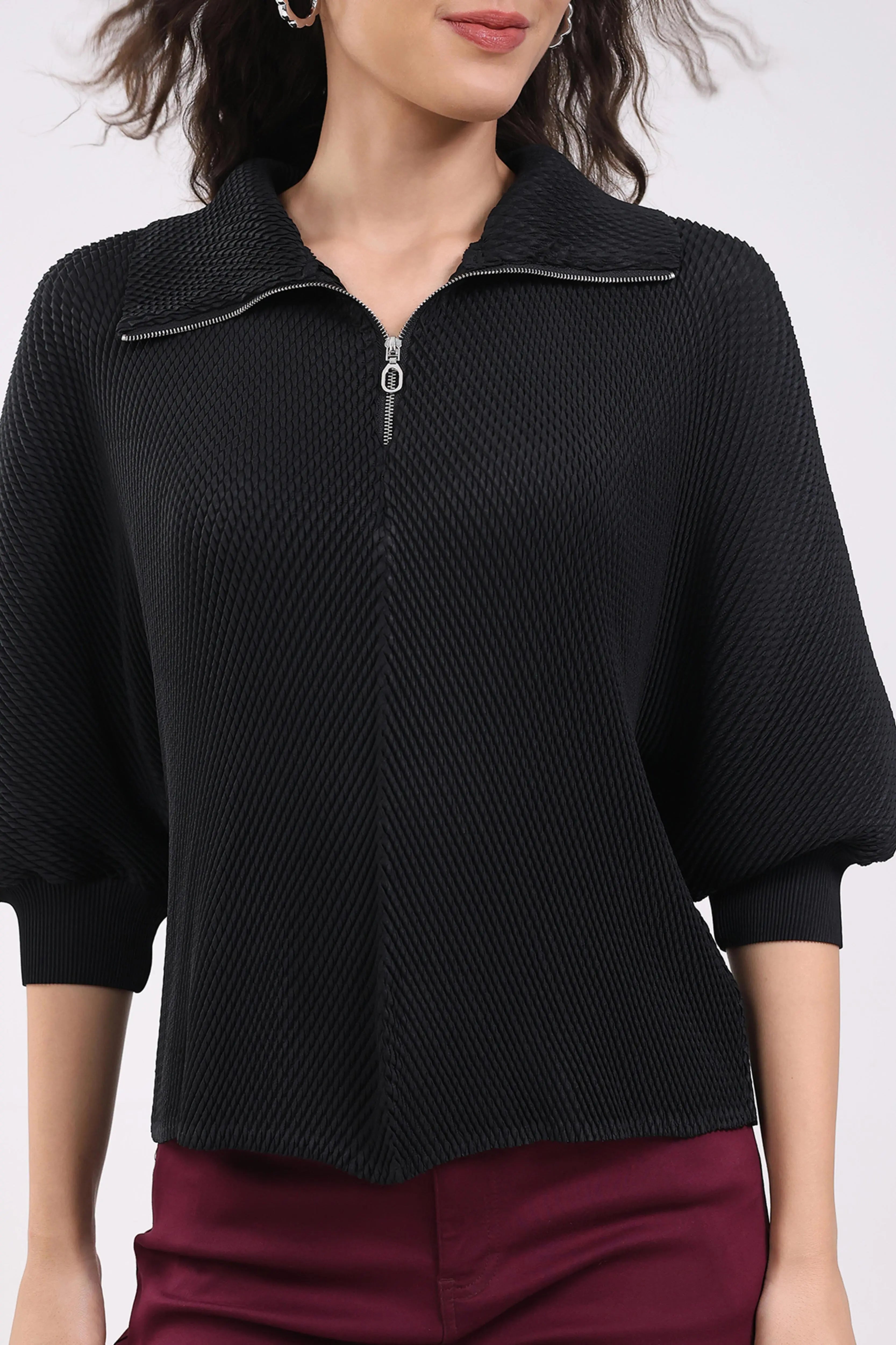 Black Solid Pleated Blouson Top - Global Republic