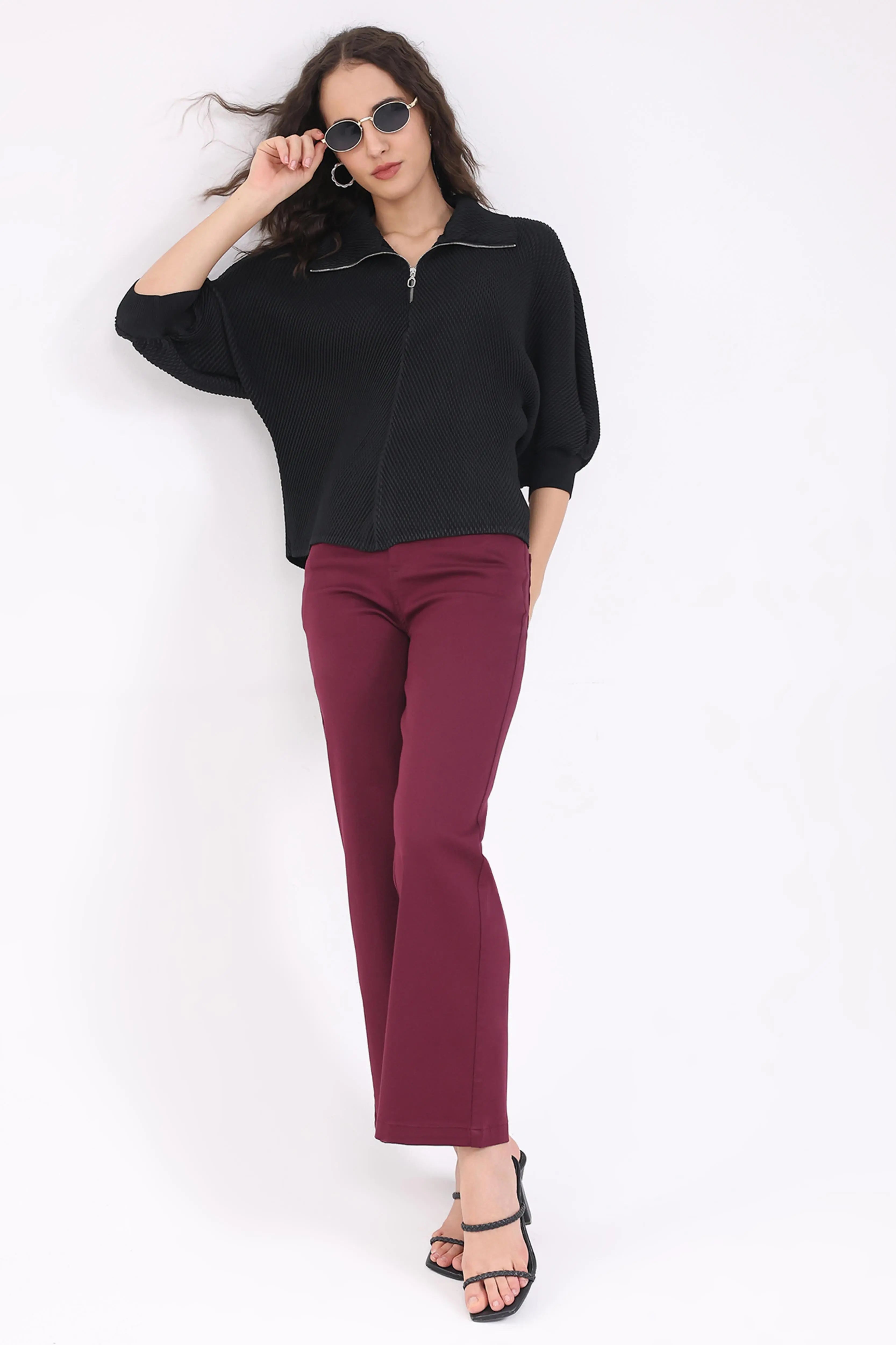 Black Solid Pleated Blouson Top - Global Republic