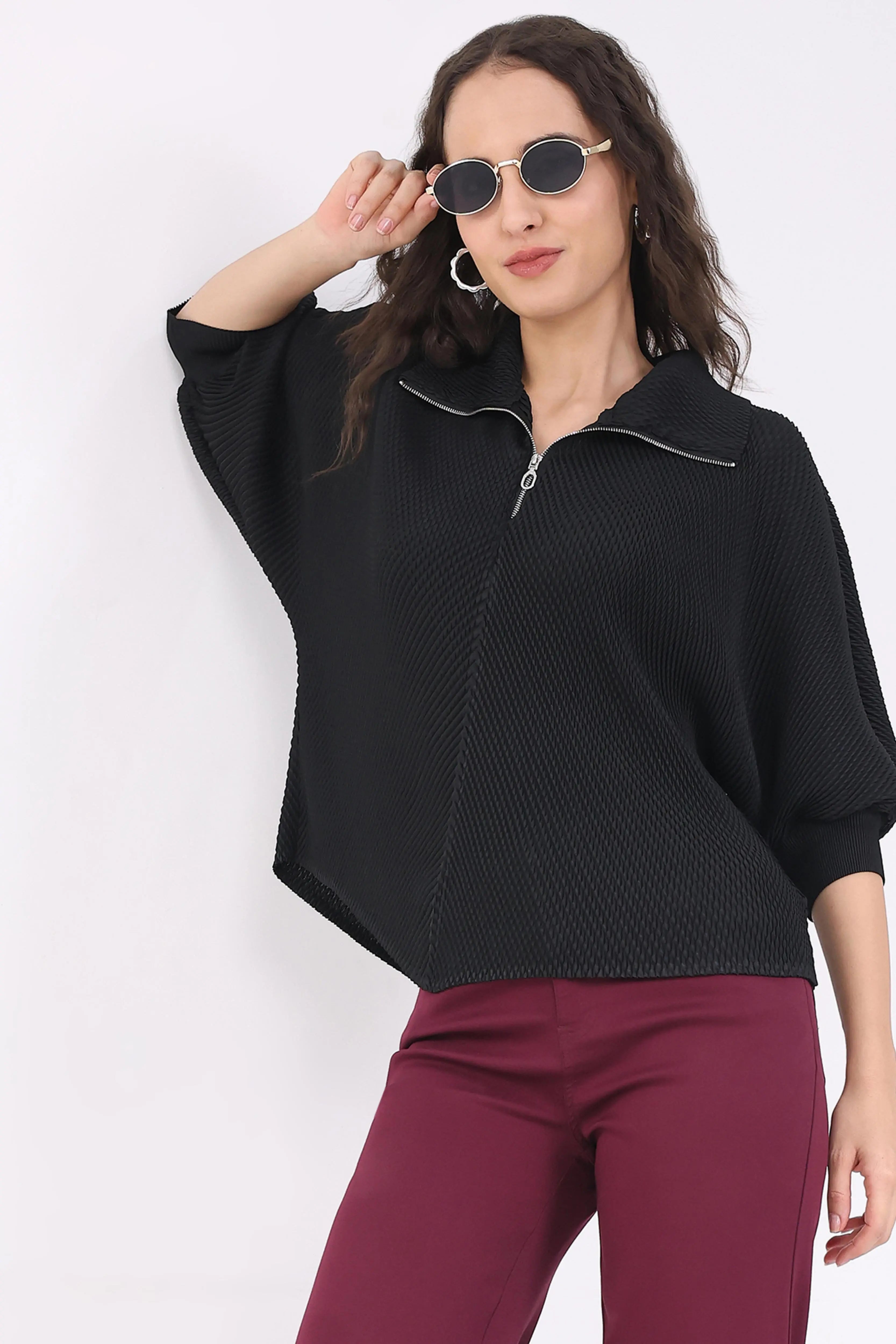 Black Solid Pleated Blouson Top - Global Republic