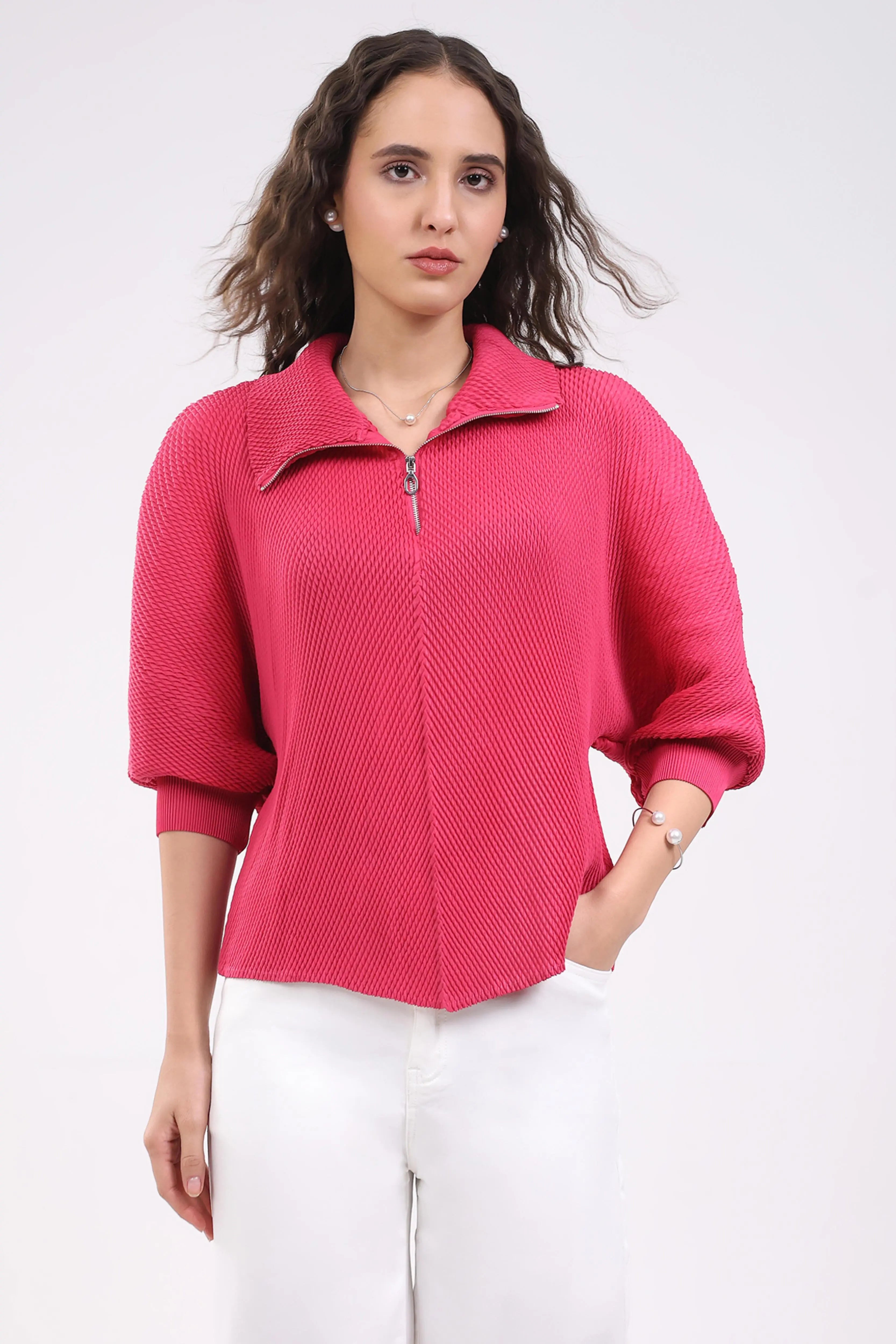 Pink Solid Pleated Blouson Top - Global Republic