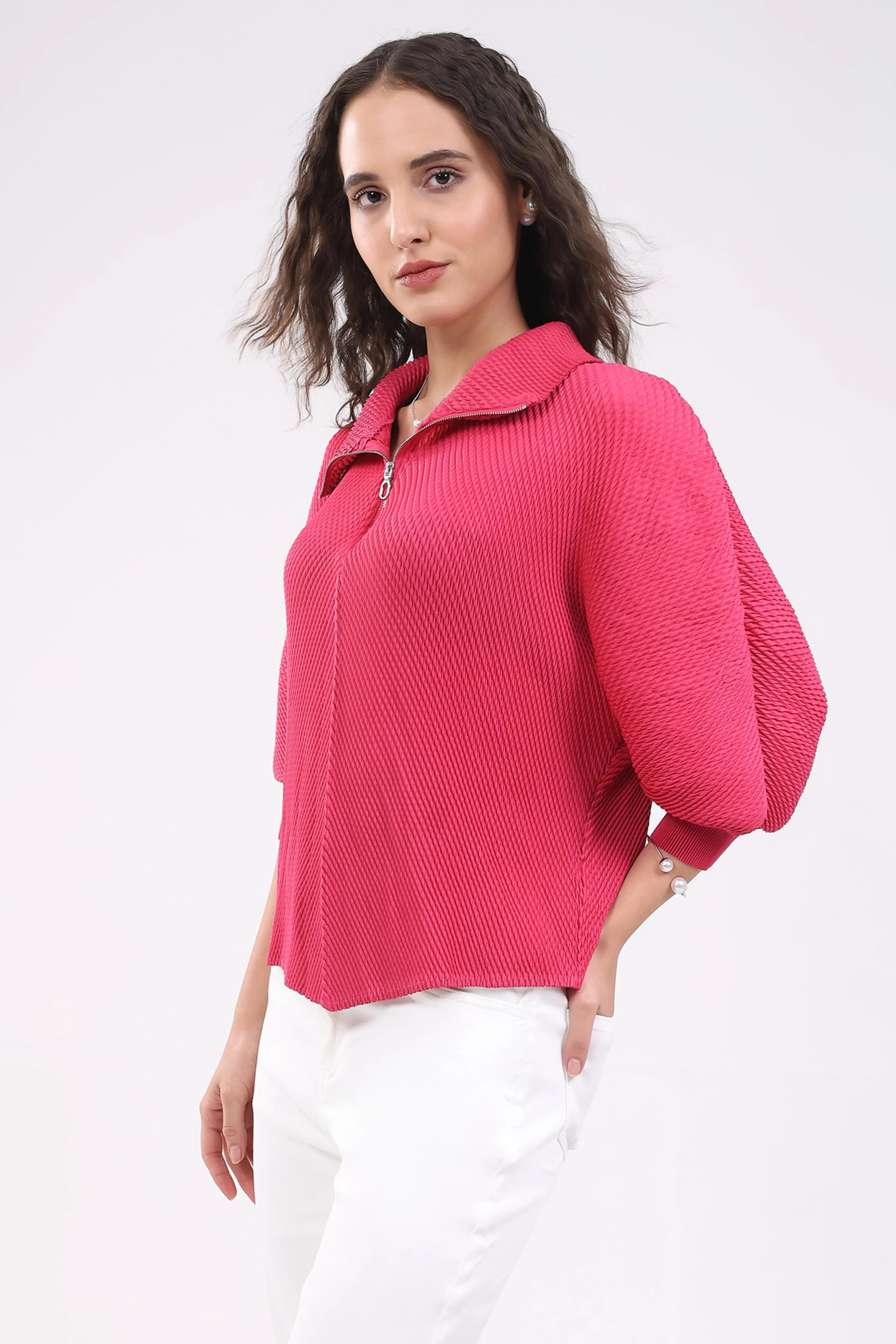 Pink Solid Pleated Blouson Top - Global Republic