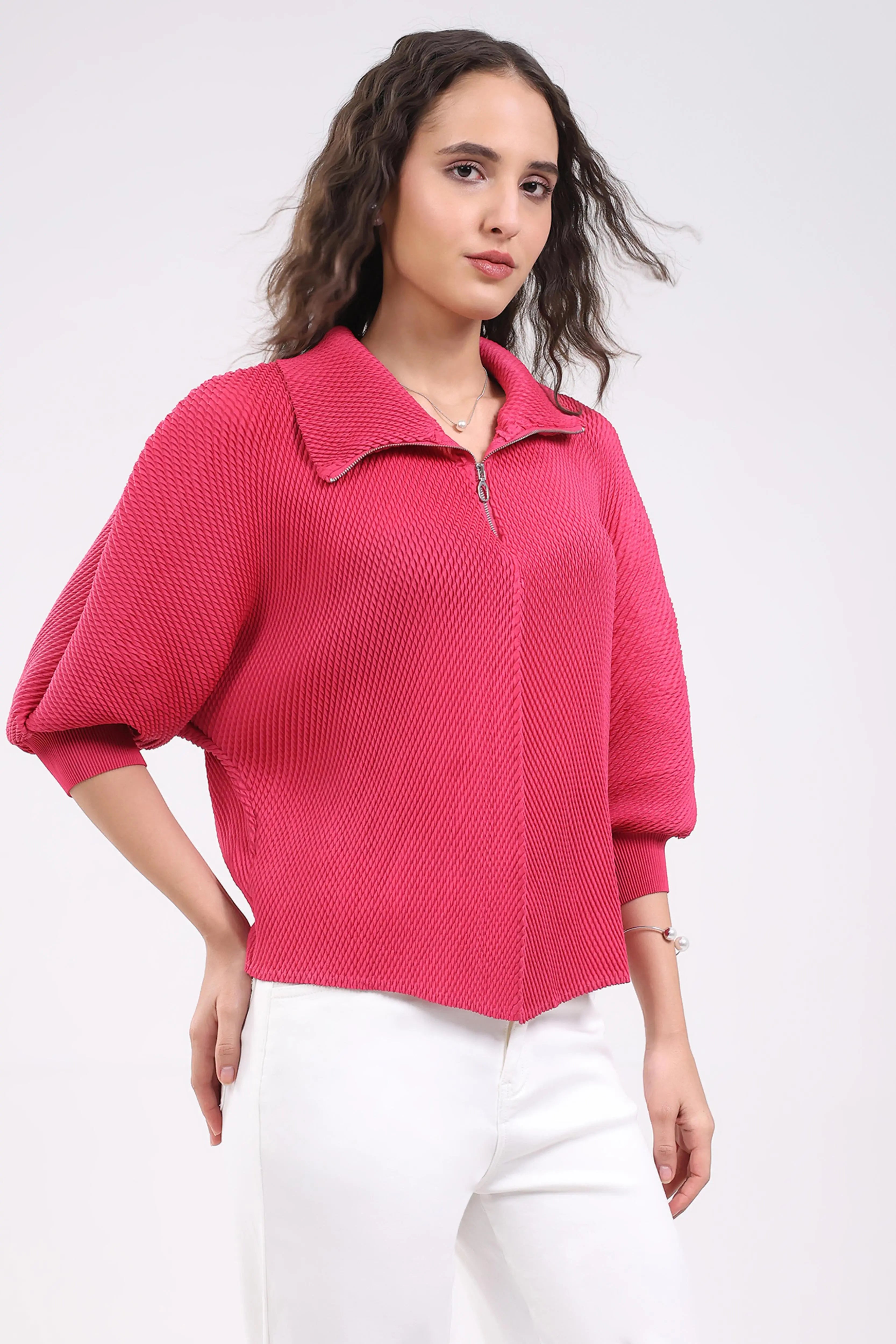Pink Solid Pleated Blouson Top - Global Republic