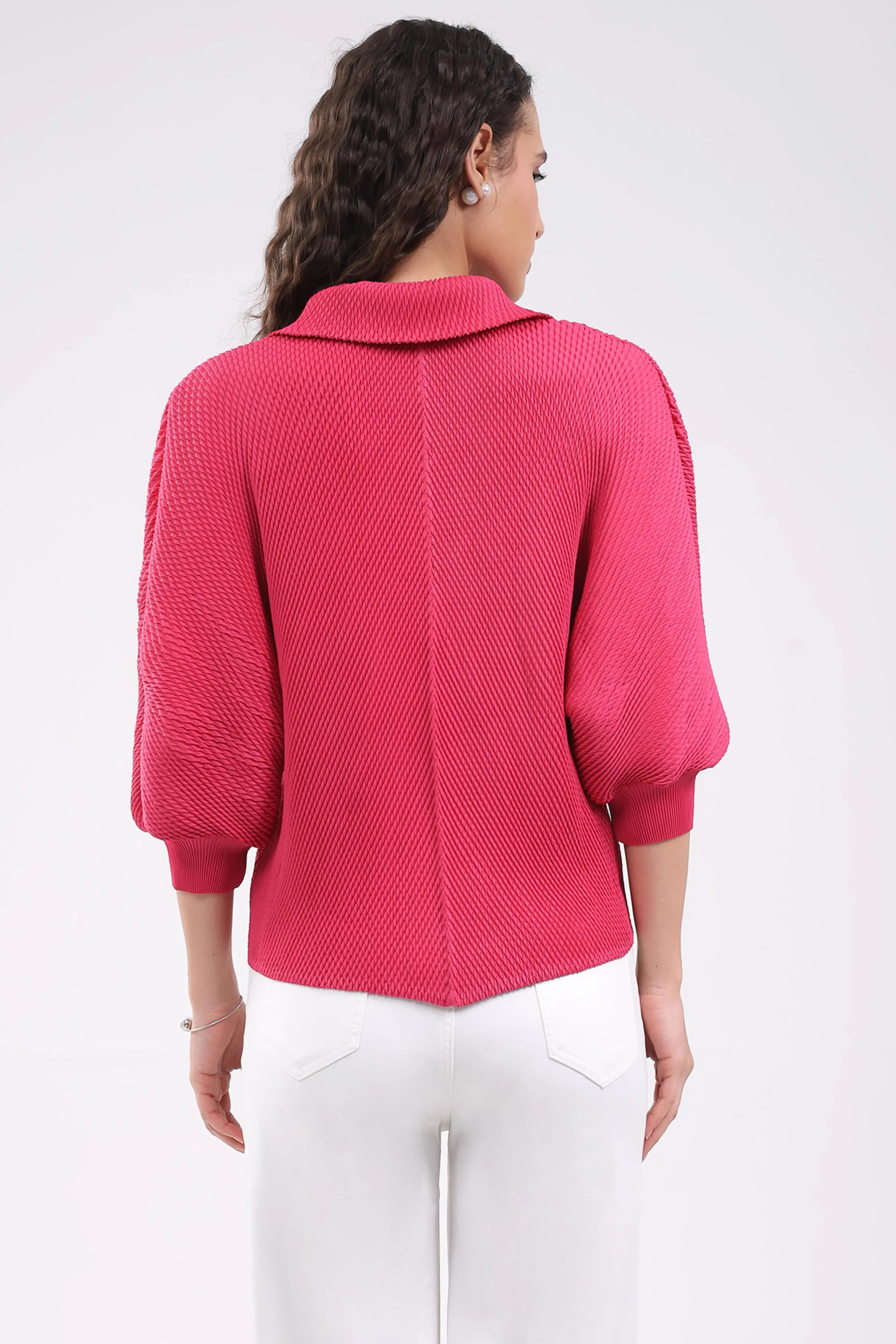 Pink Solid Pleated Blouson Top - Global Republic