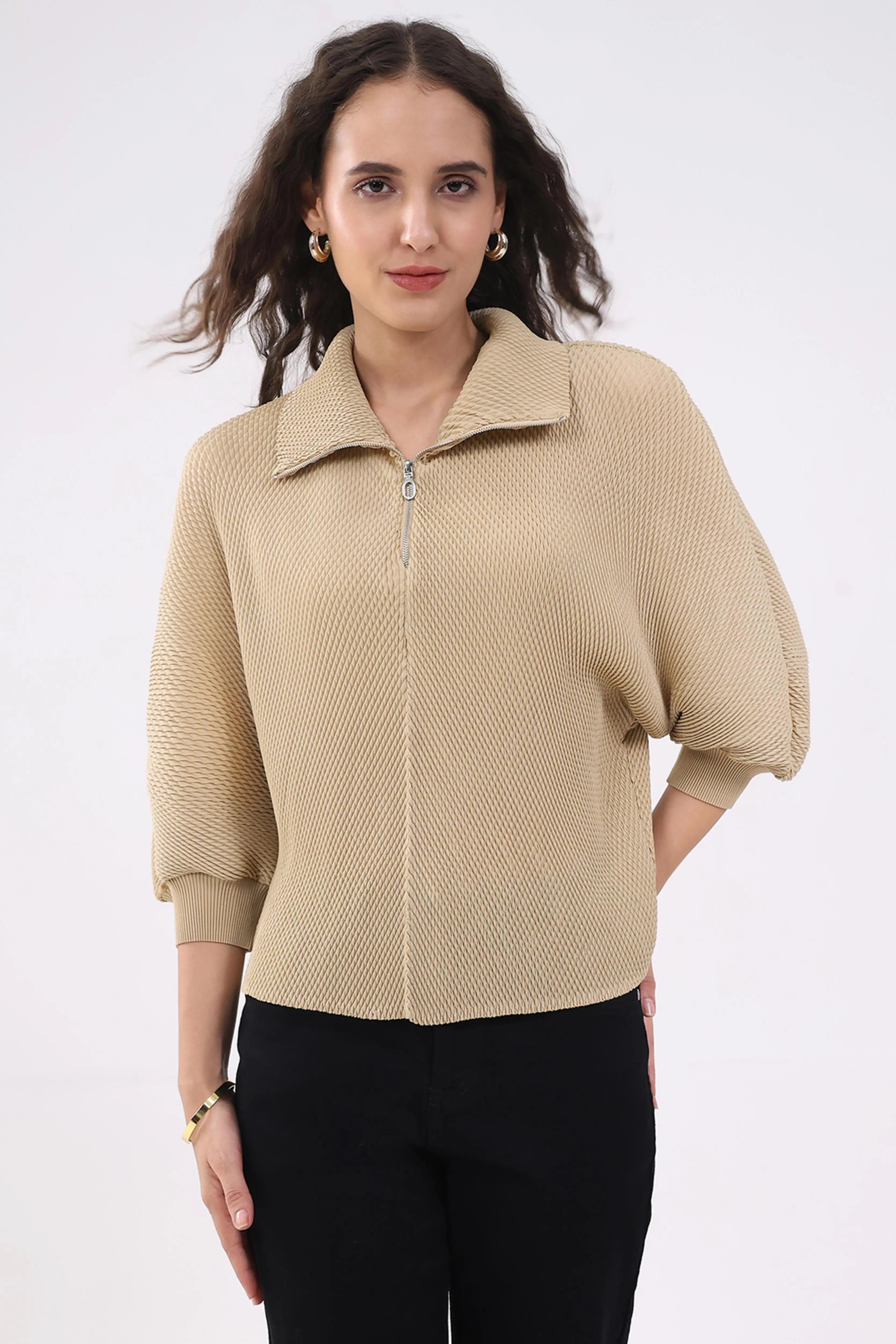 Beige Solid Pleated Blouson Top - Global Republic