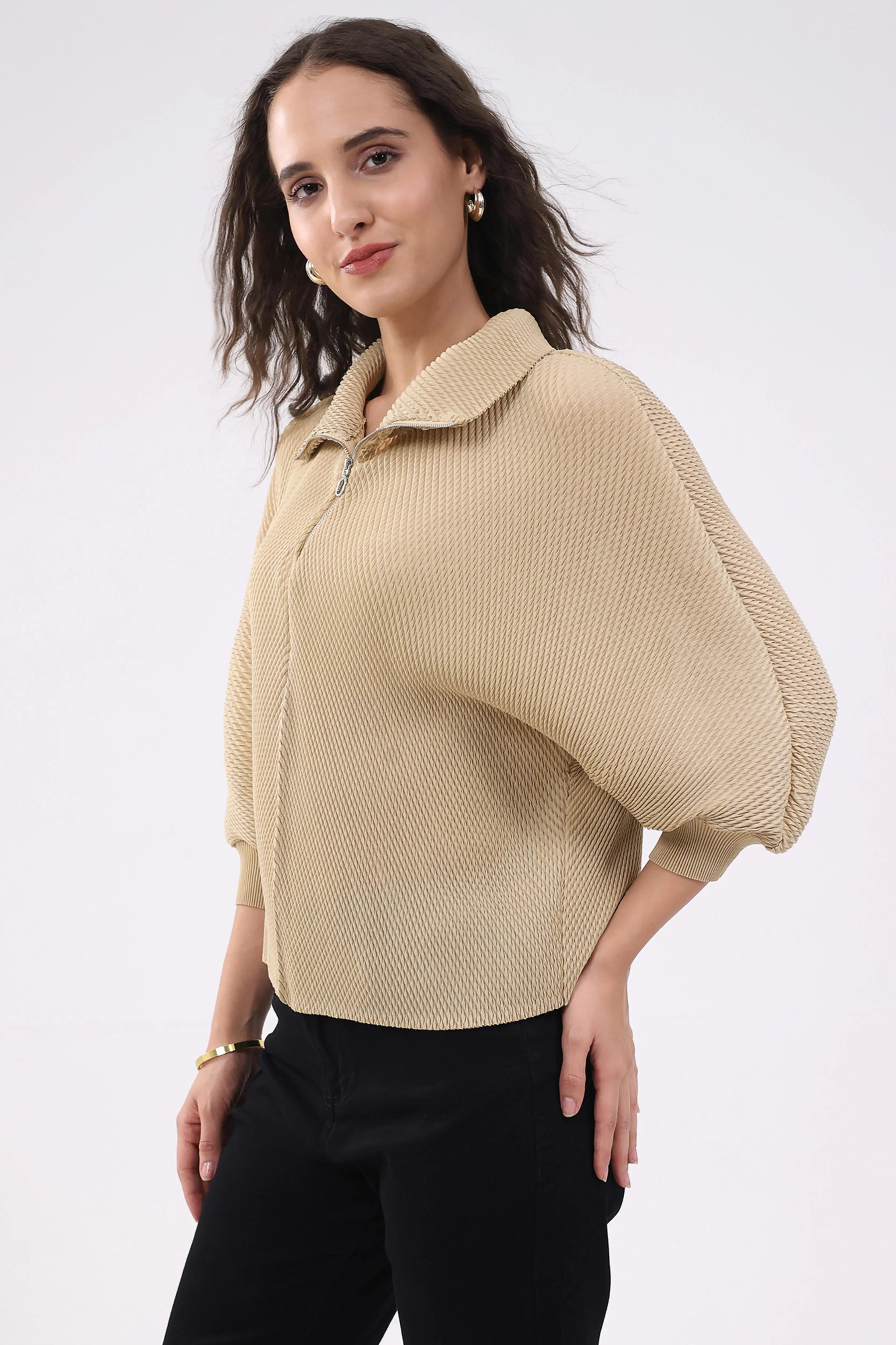 Beige Solid Pleated Blouson Top - Global Republic