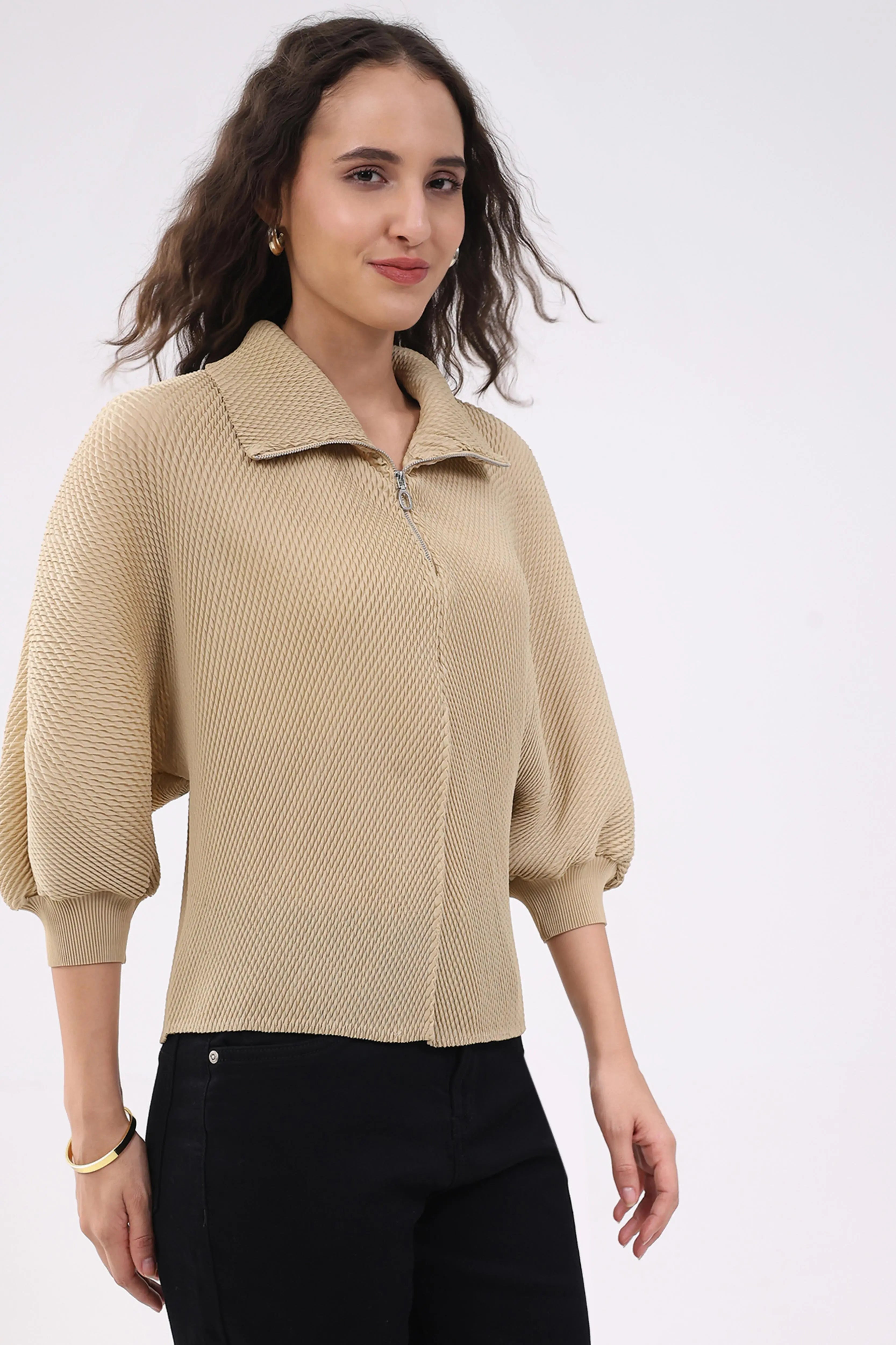 Beige Solid Pleated Blouson Top - Global Republic