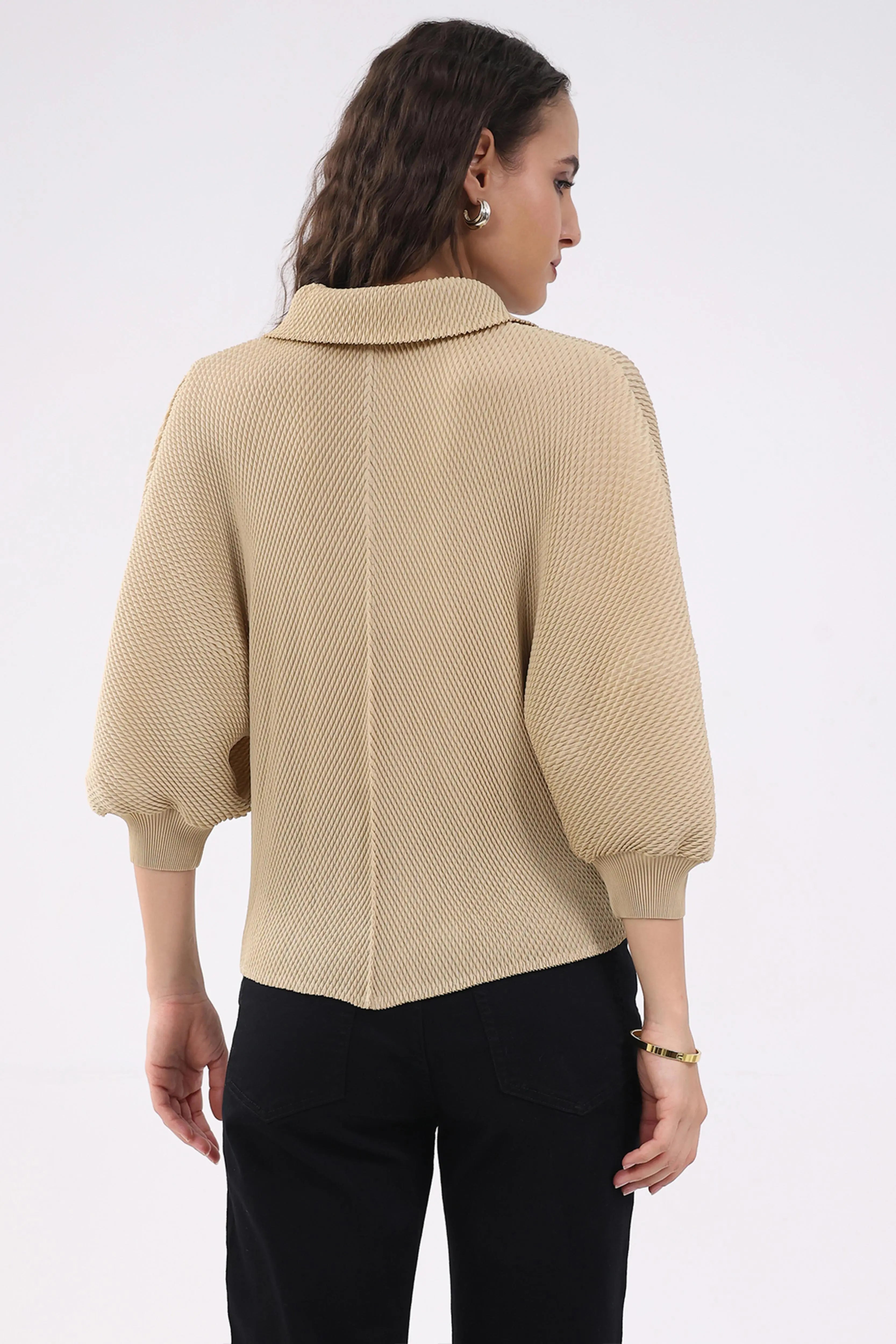 Beige Solid Pleated Blouson Top - Global Republic