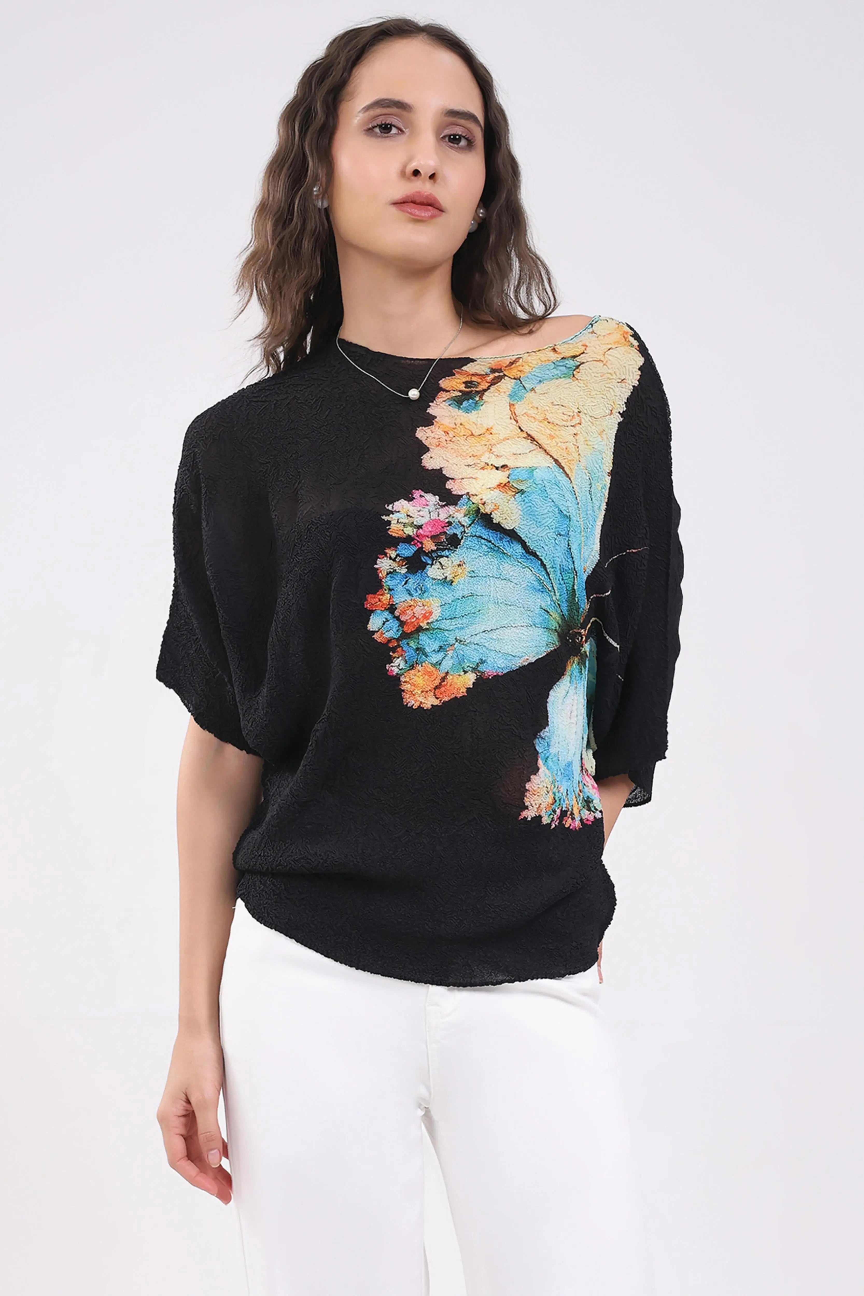 Black Butterfly Print Stretchable Top - Global Republic