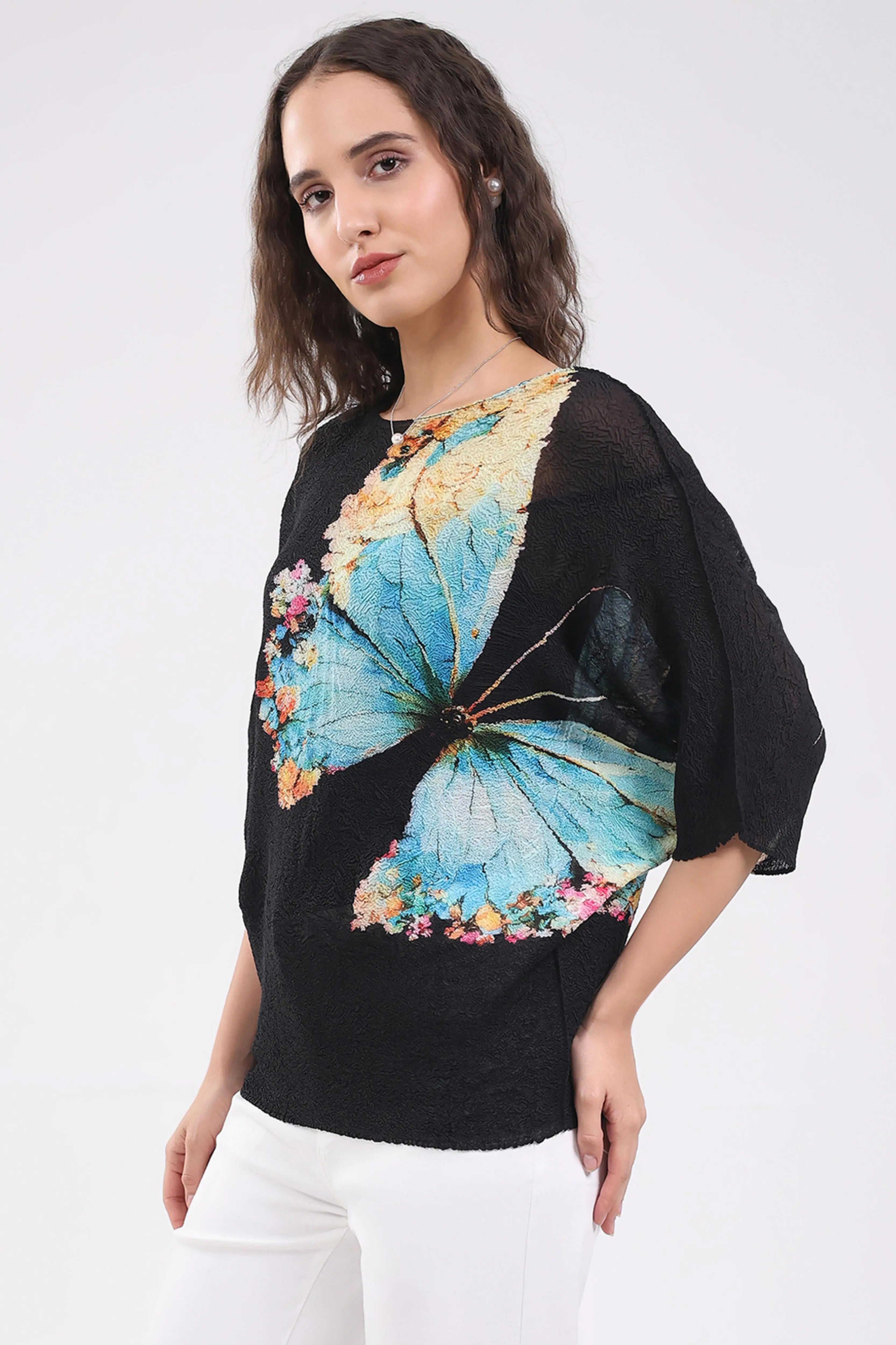 Black Butterfly Print Stretchable Top - Global Republic