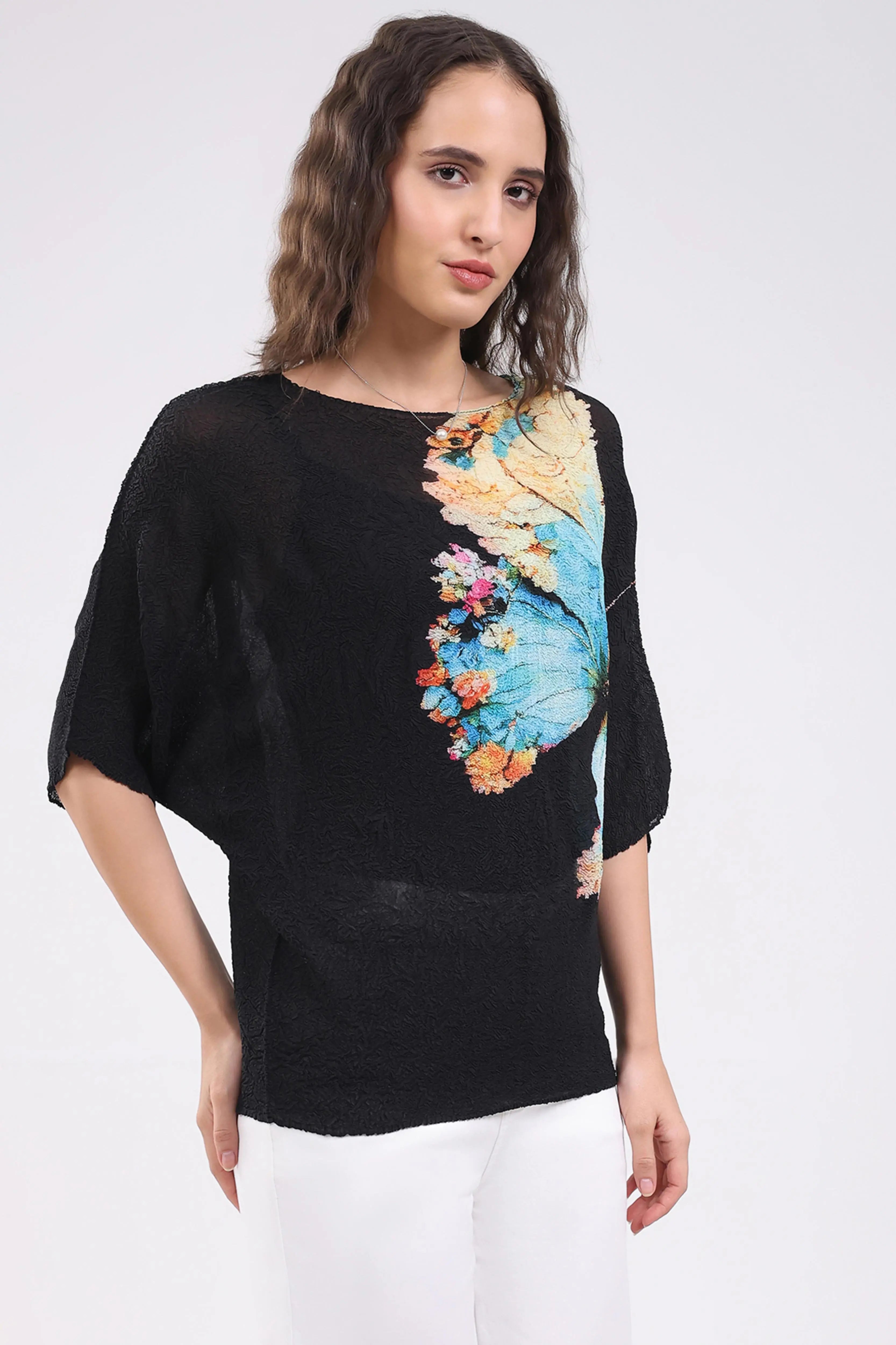 Black Butterfly Print Stretchable Top - Global Republic