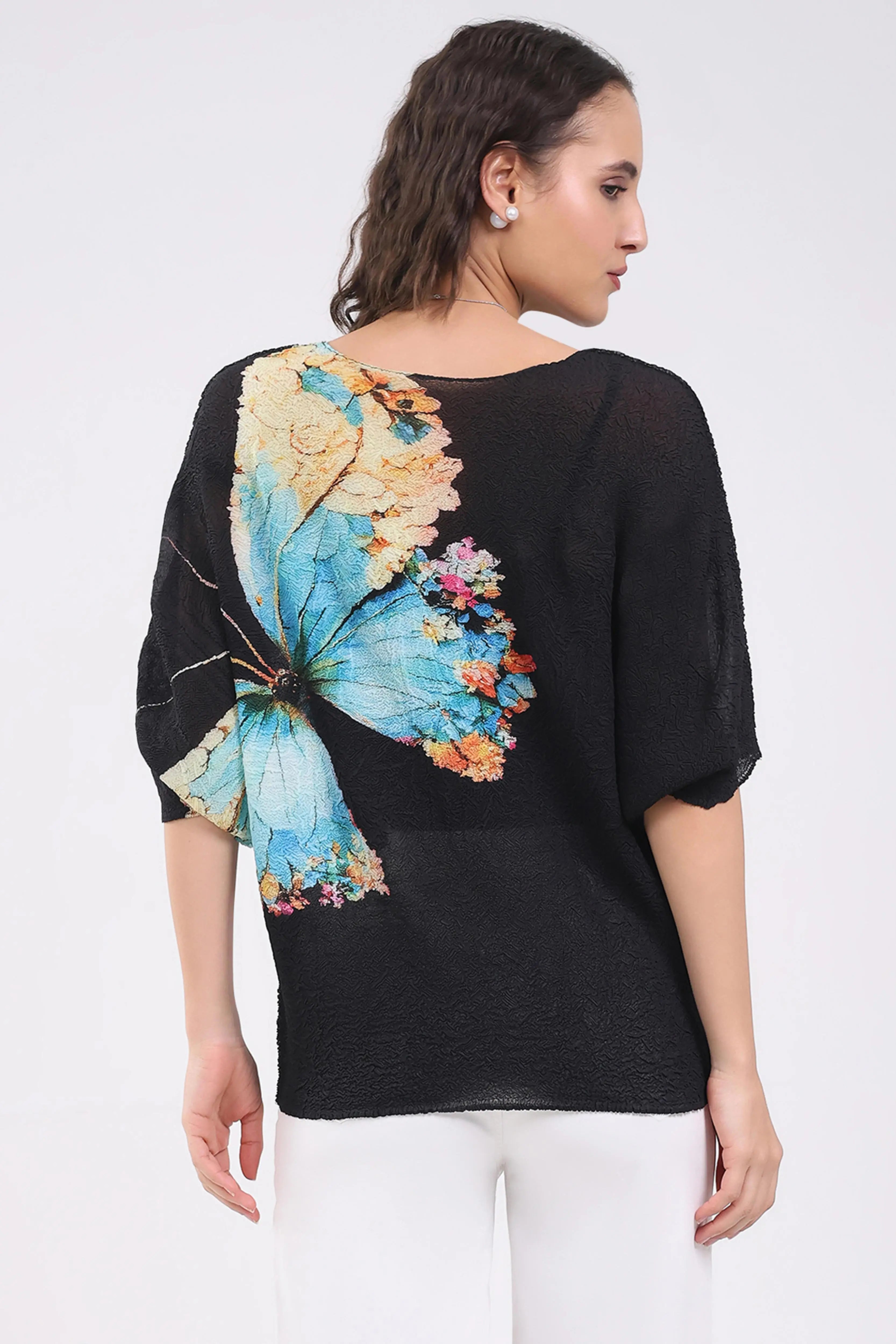 Black Butterfly Print Stretchable Top - Global Republic