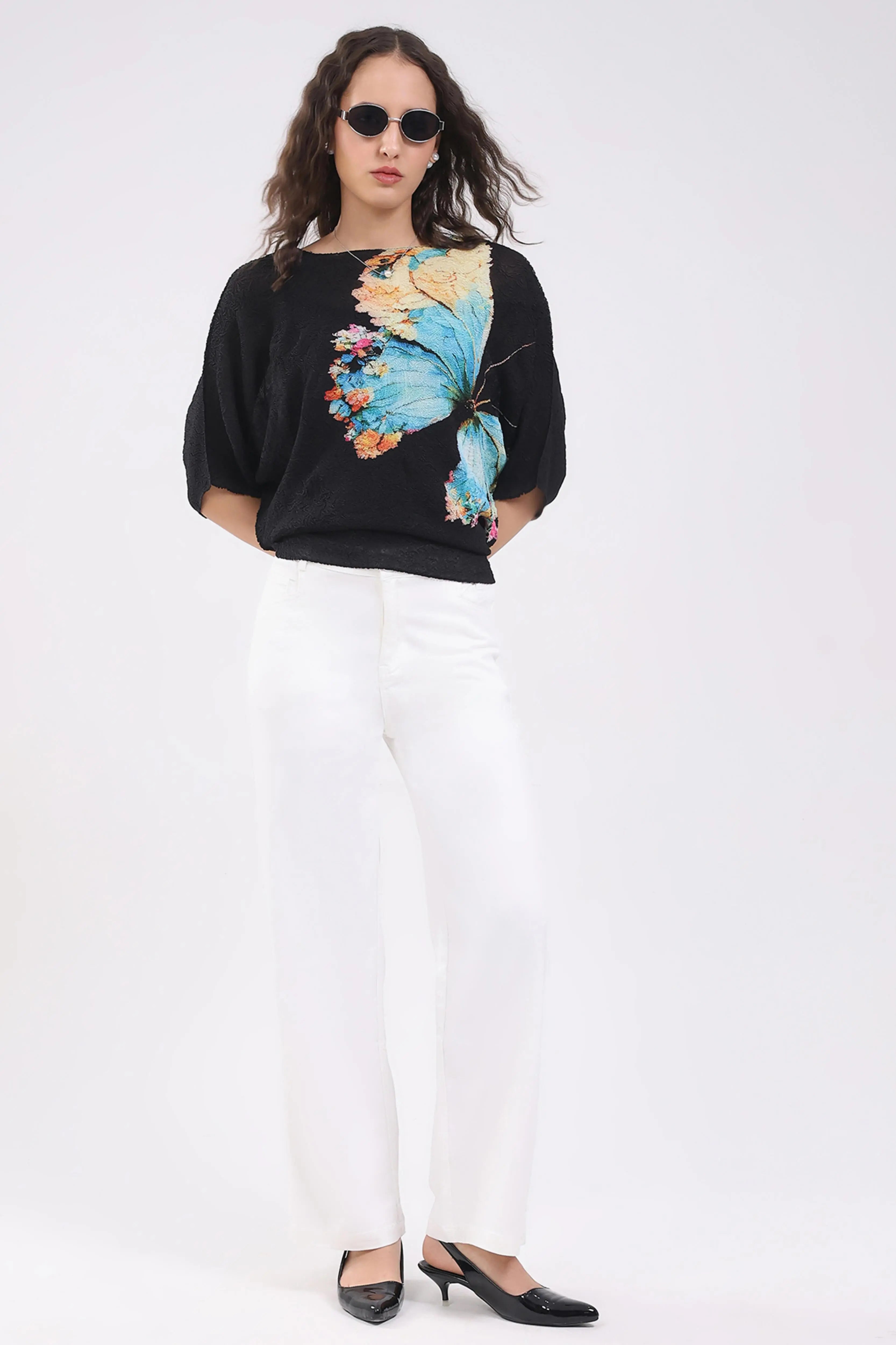 Black Butterfly Print Stretchable Top - Global Republic