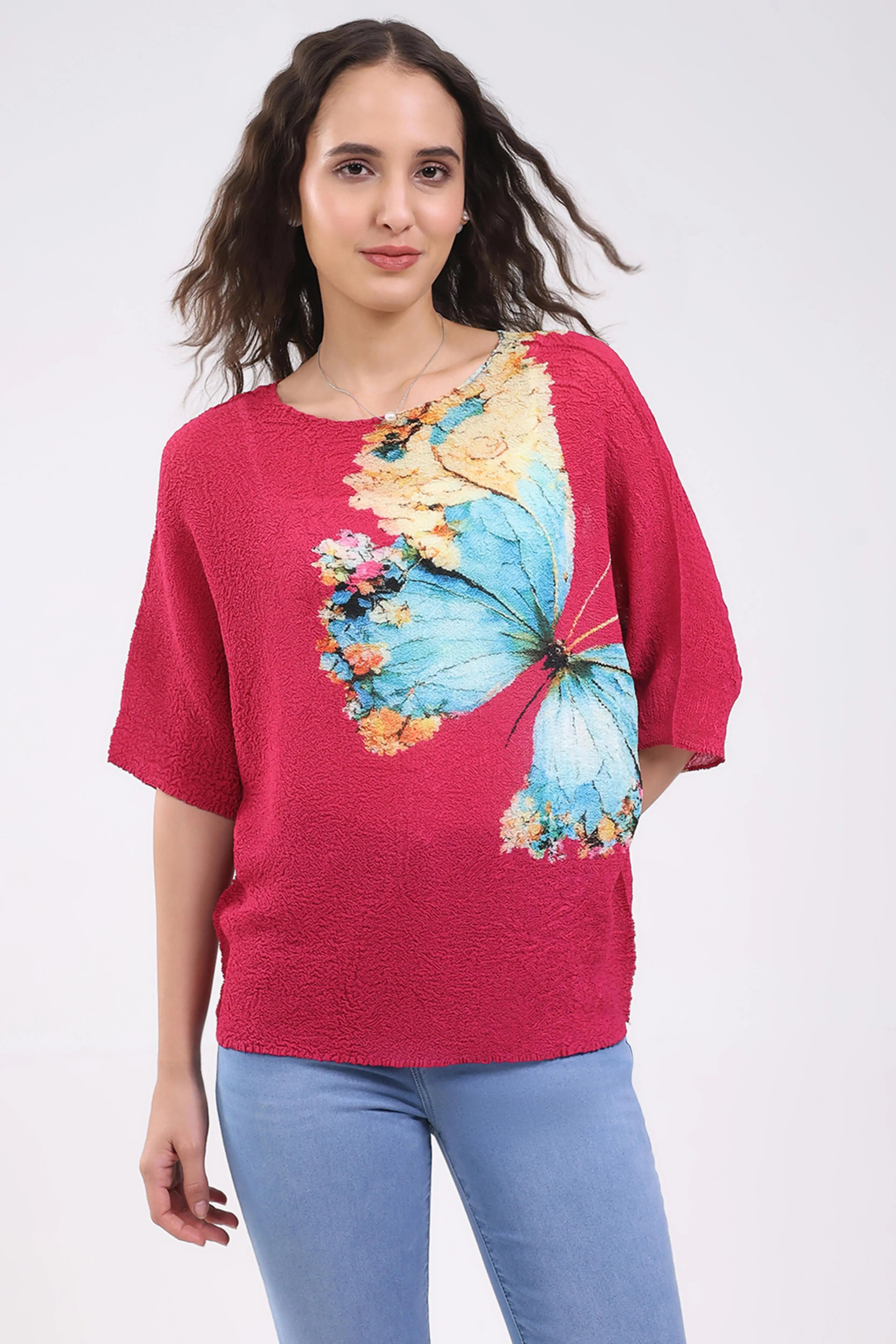 Pink Butterfly Print Stretchable Top - Global Republic