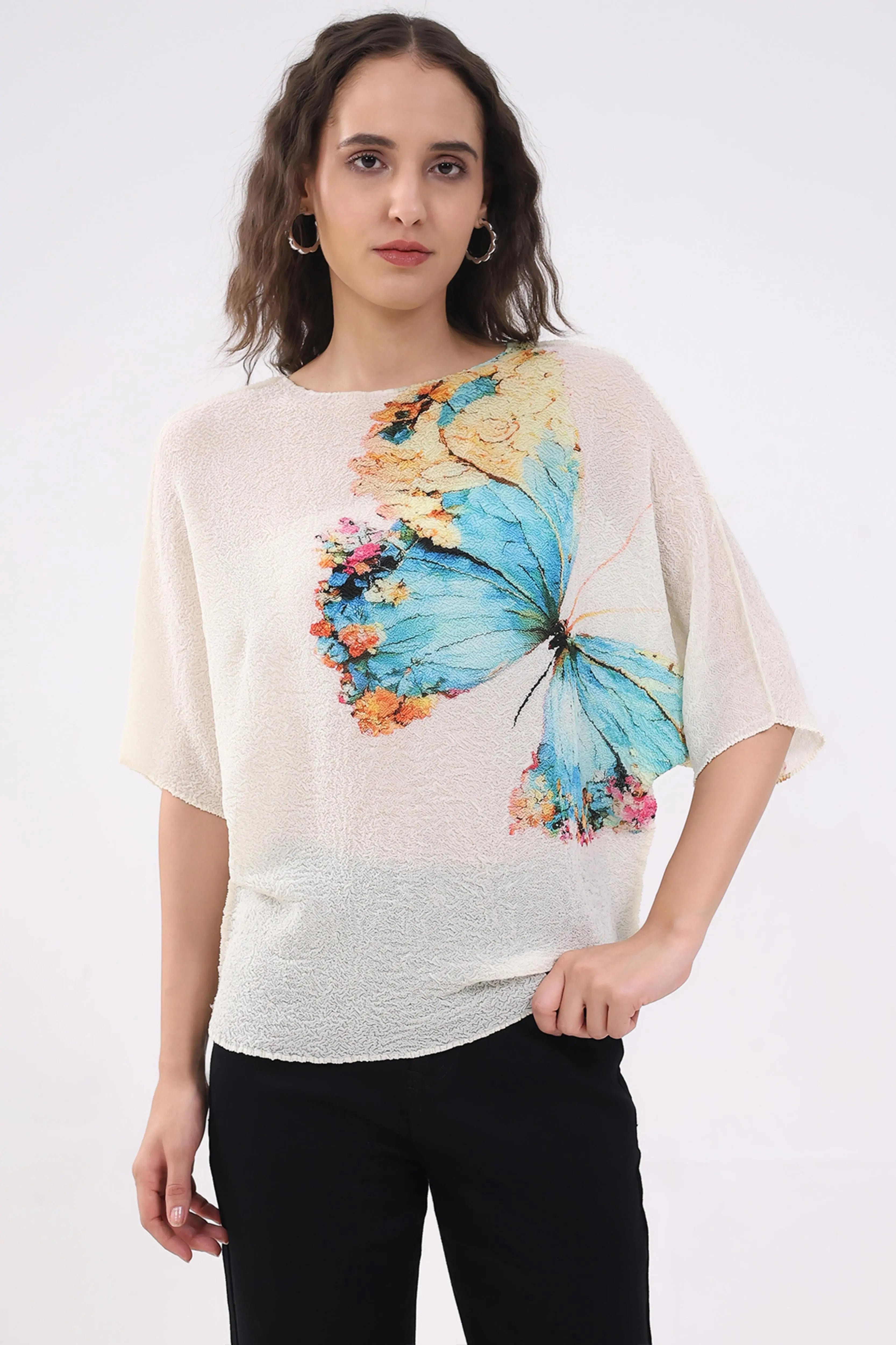 Beige Butterfly Print Stretchable Top - Global Republic