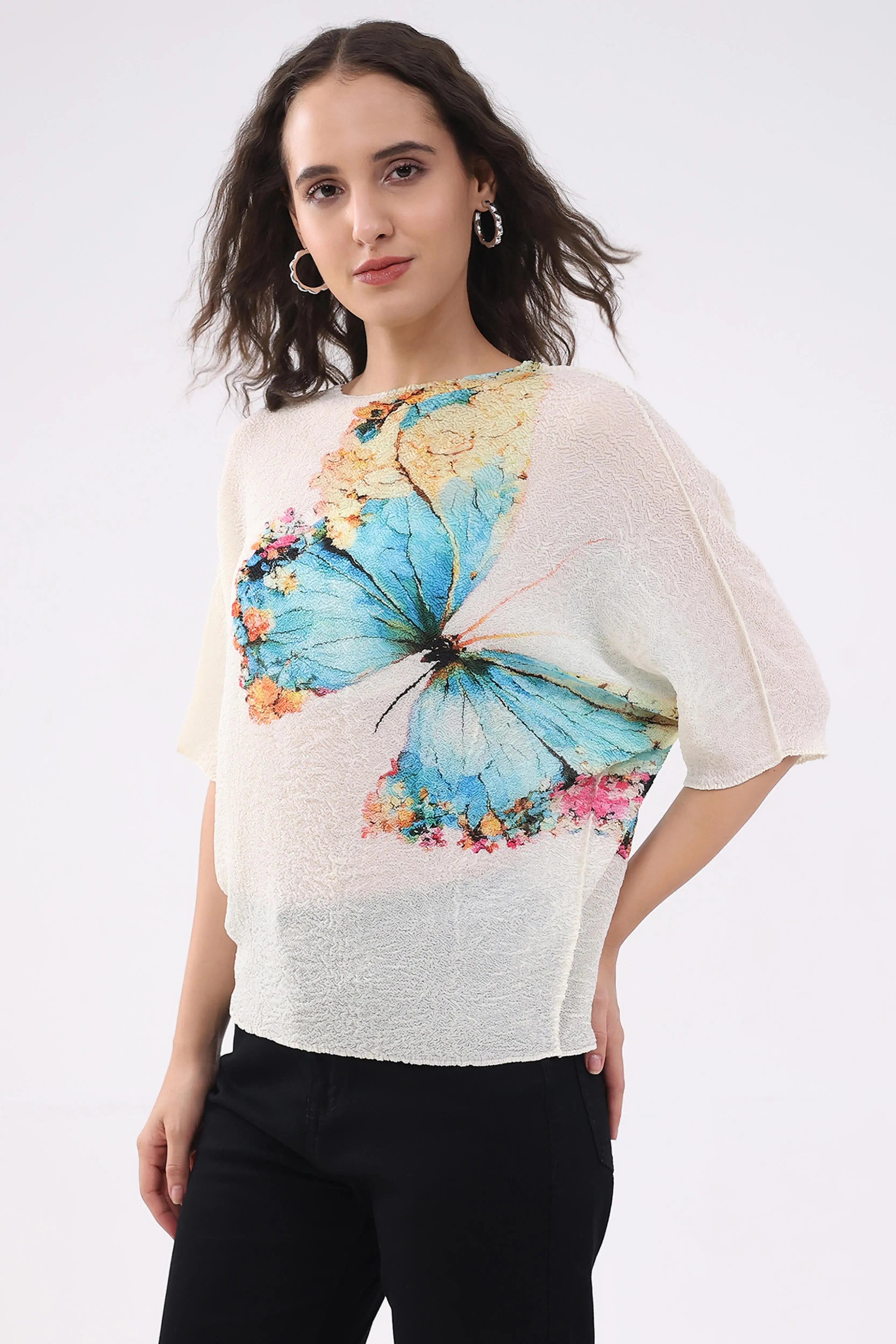 Beige Butterfly Print Stretchable Top - Global Republic