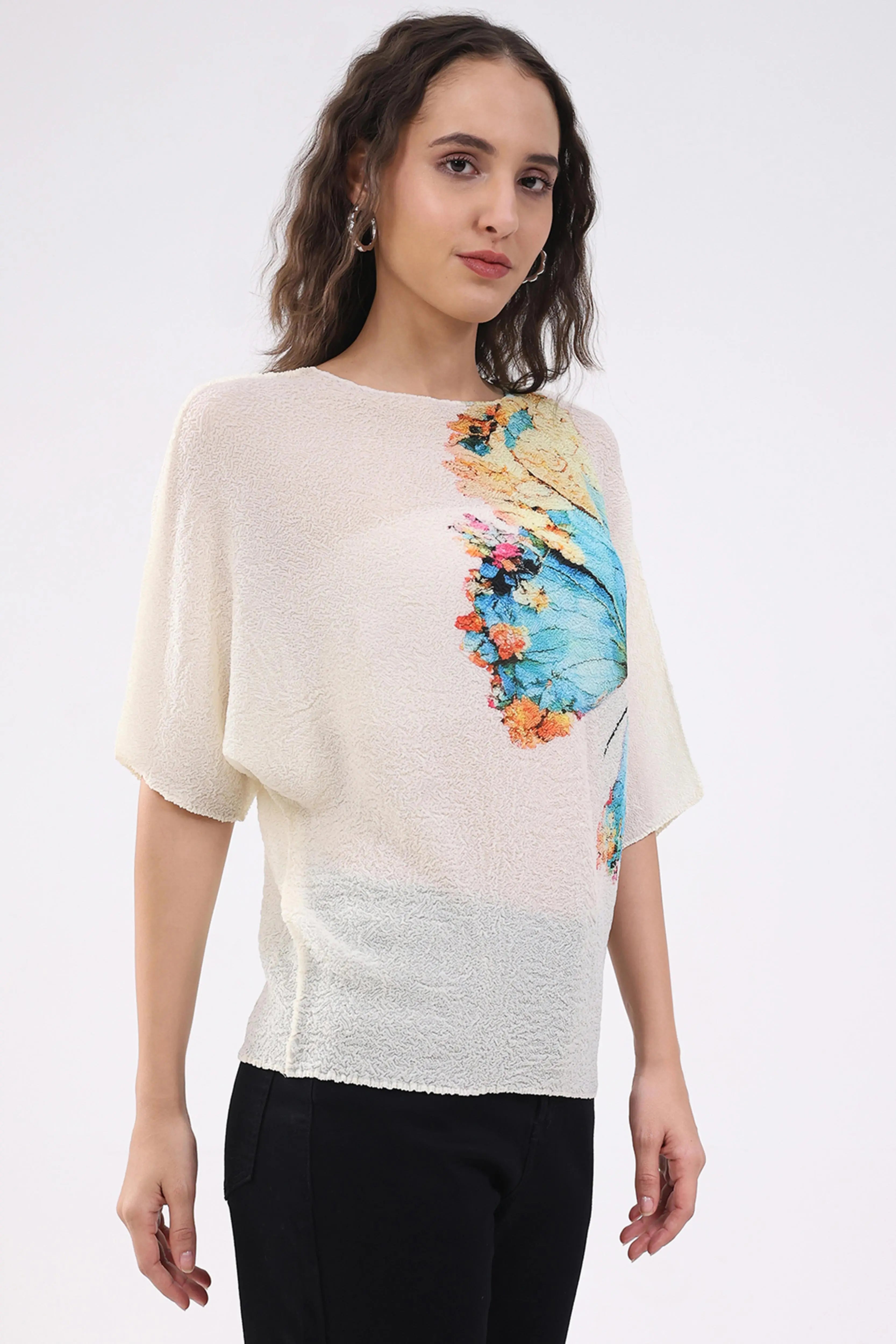 Beige Butterfly Print Stretchable Top - Global Republic