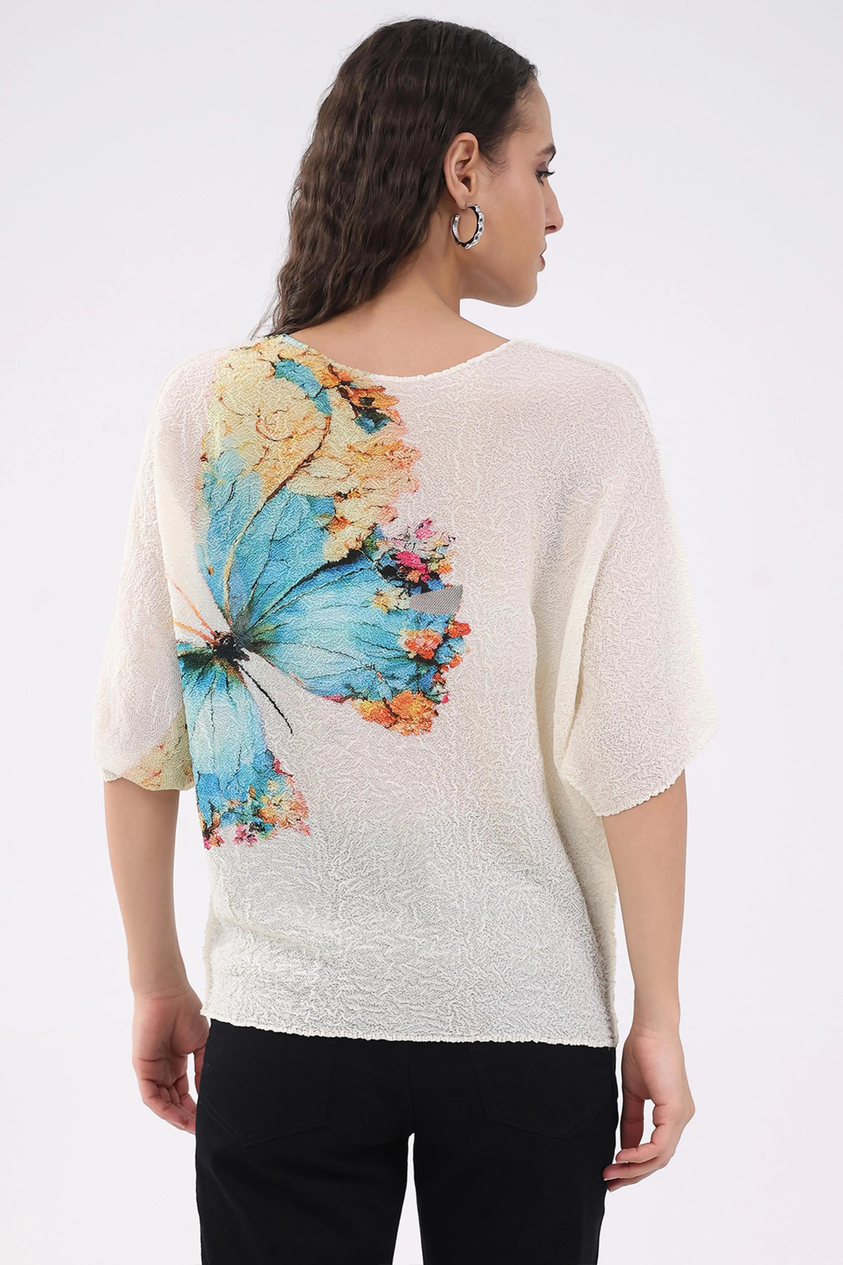 Beige Butterfly Print Stretchable Top - Global Republic