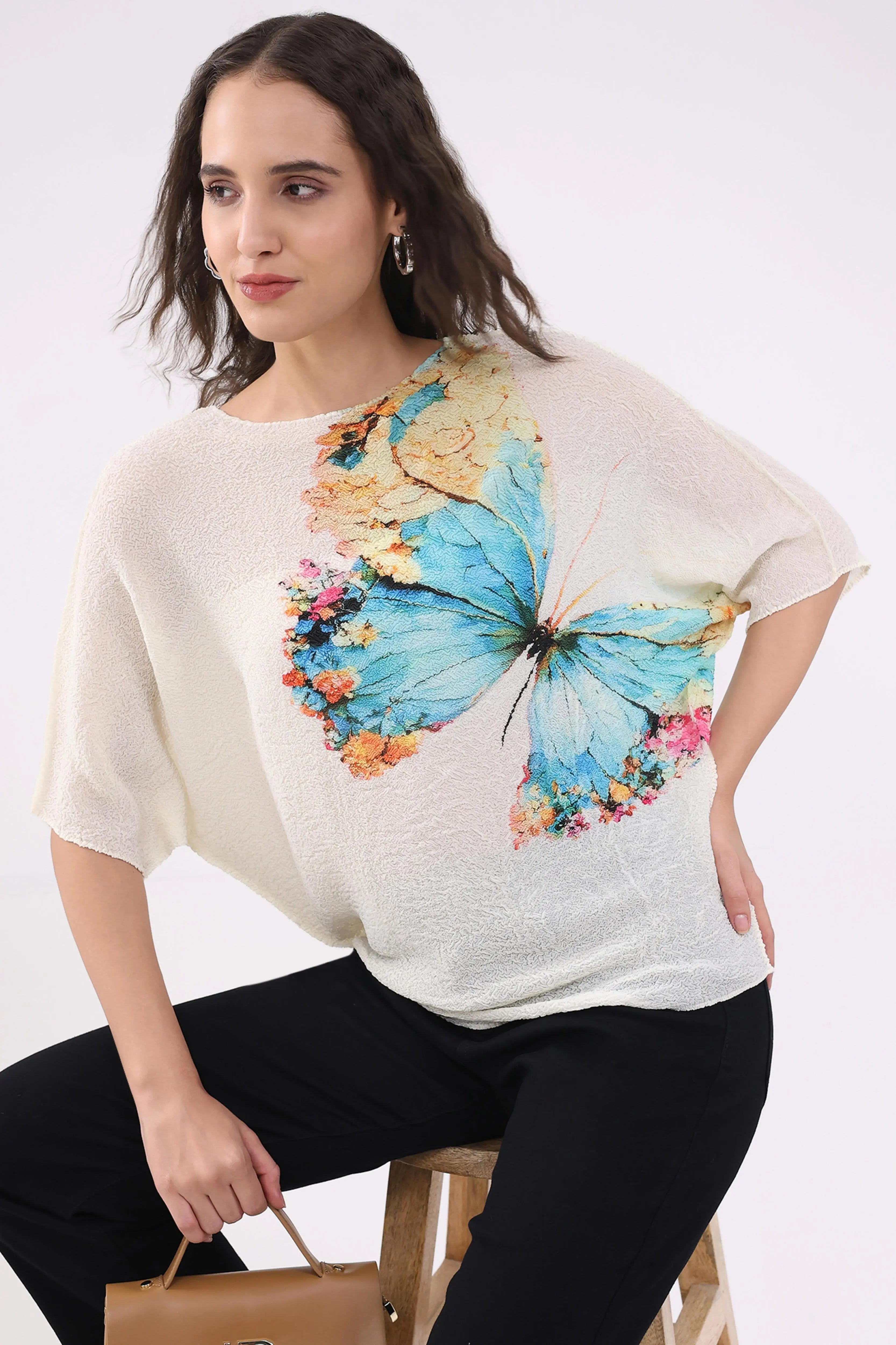 Beige Butterfly Print Stretchable Top - Global Republic