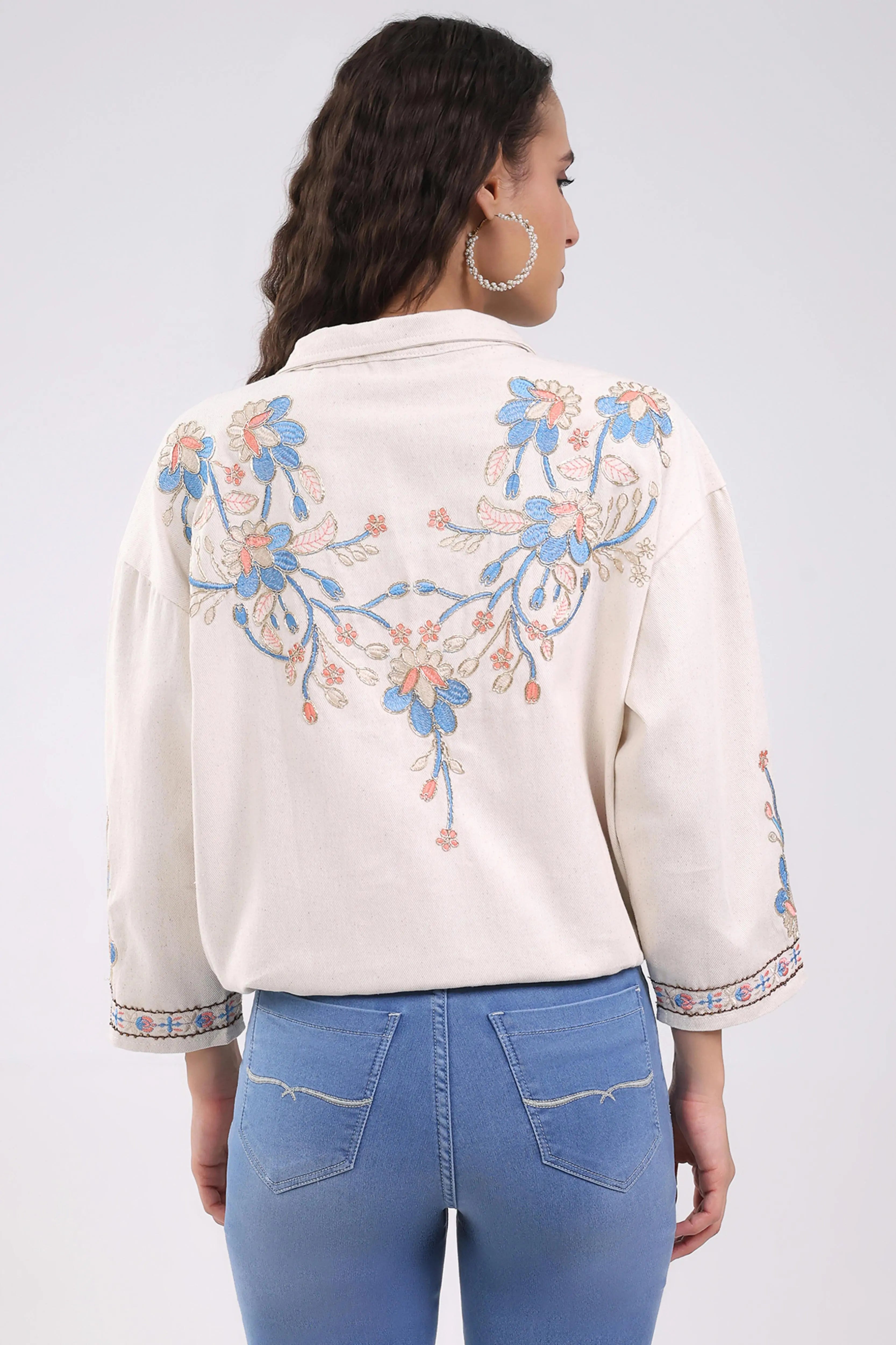 Beige Oversized Embroidered Cotton Shacket - Global Republic