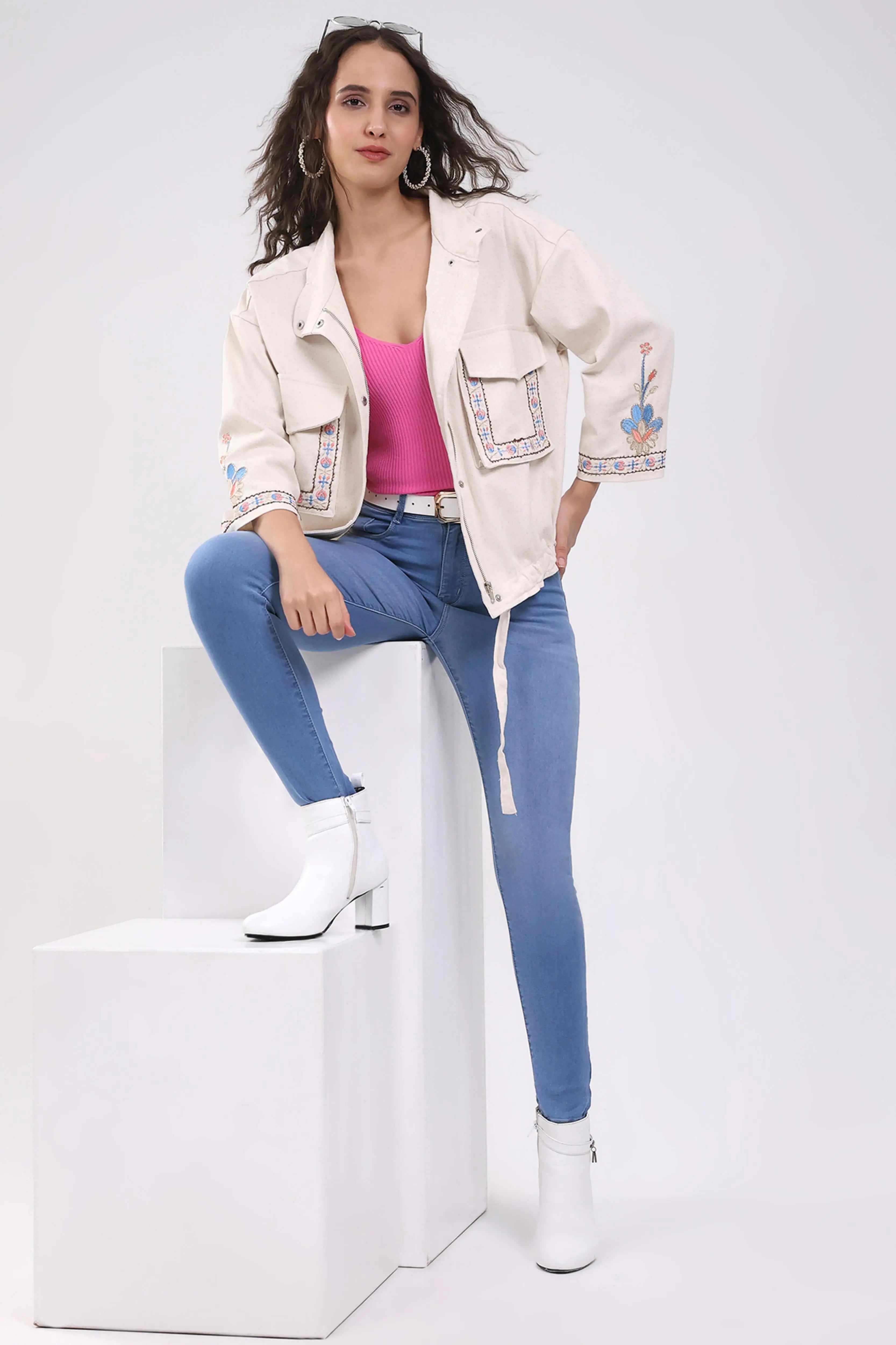 Beige Oversized Embroidered Cotton Shacket - Global Republic