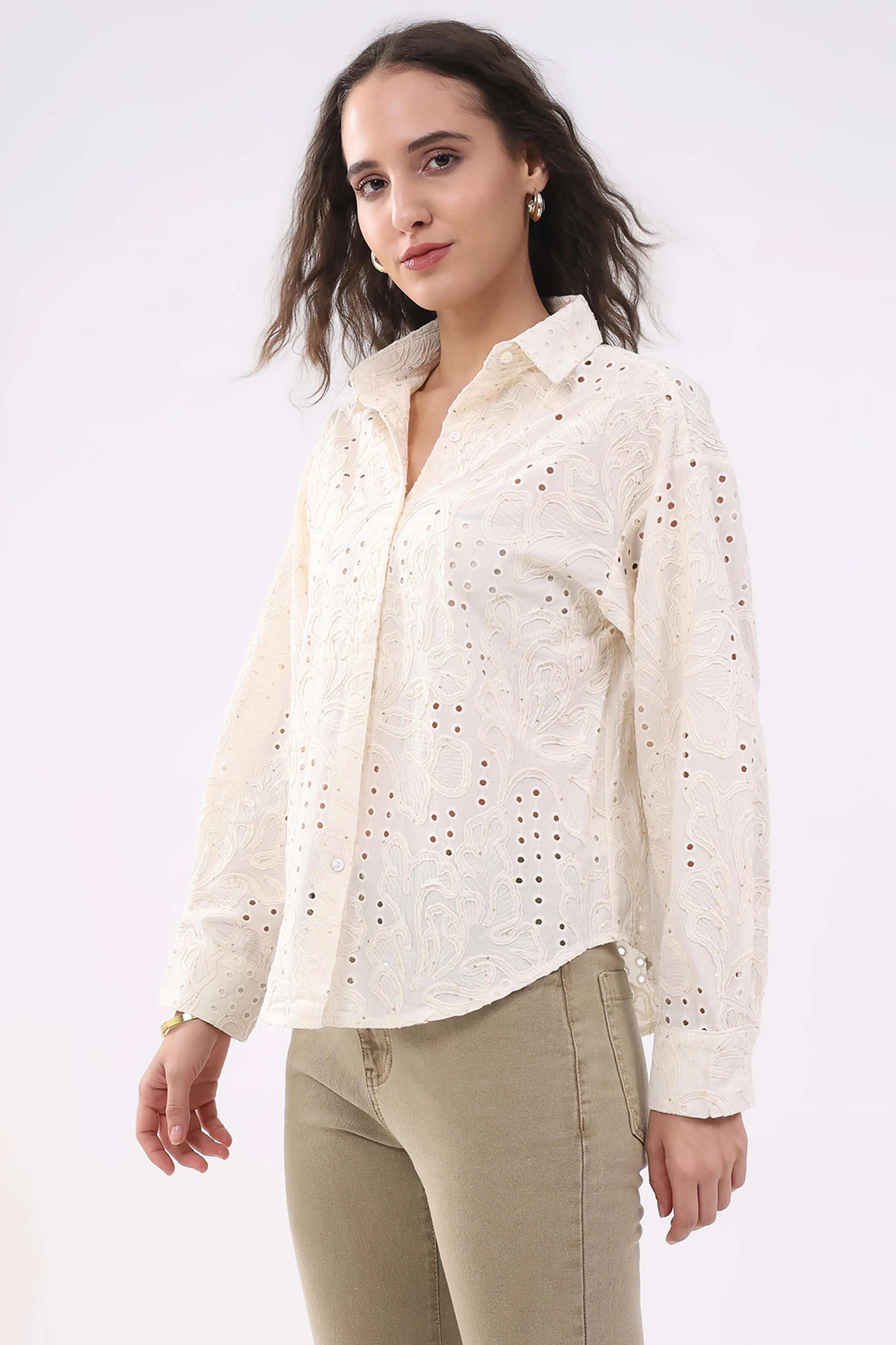 Beige Cotton Schiffili Shirt - Global Republic