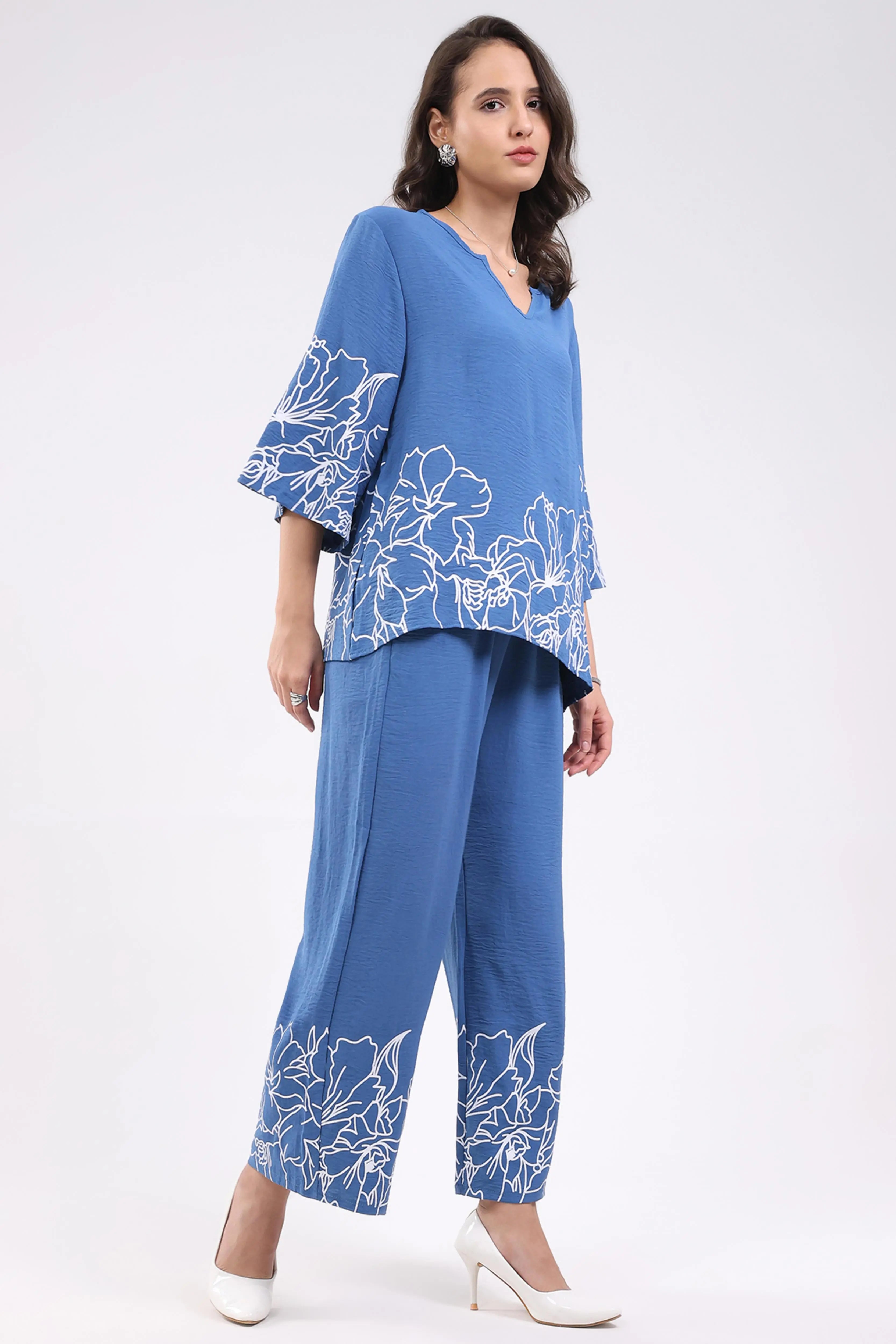 Blue Printed Rayon Blend Loungewear - Global Republic