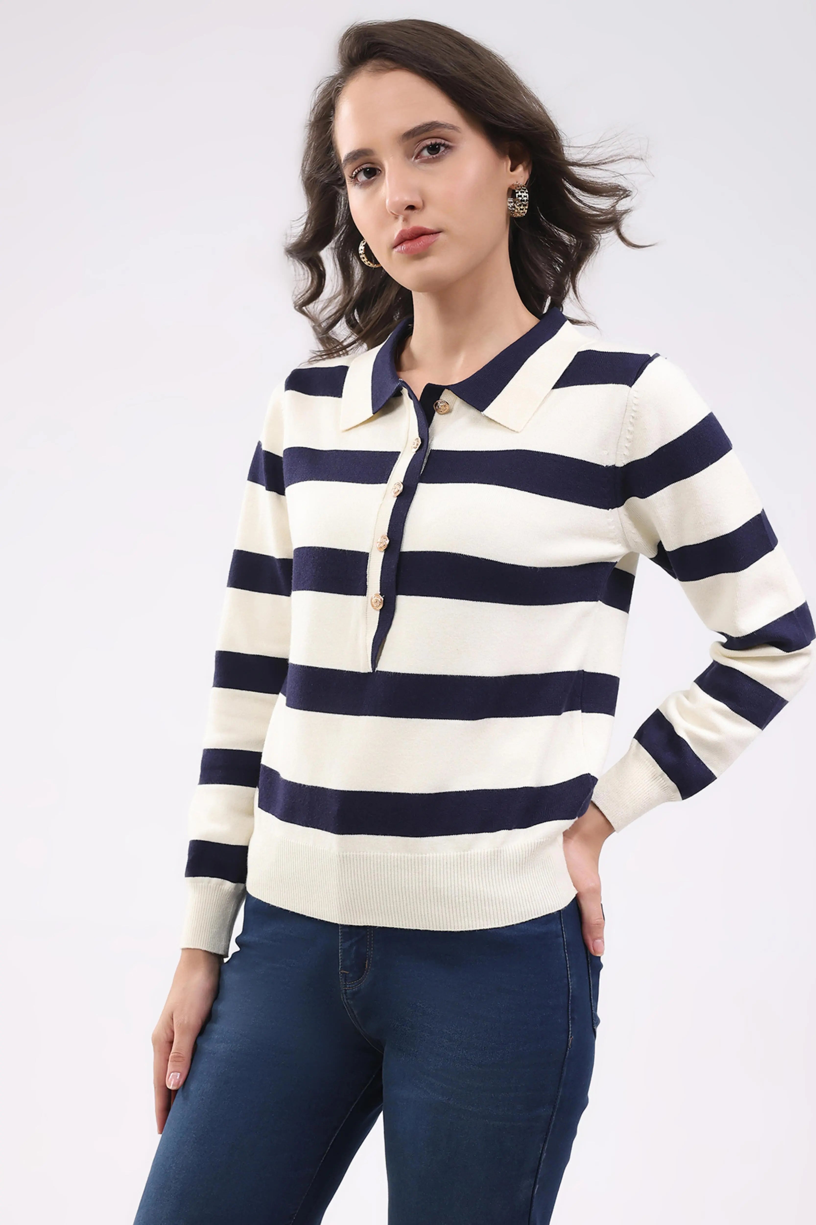 Navy Wool Blend Striped Pullover