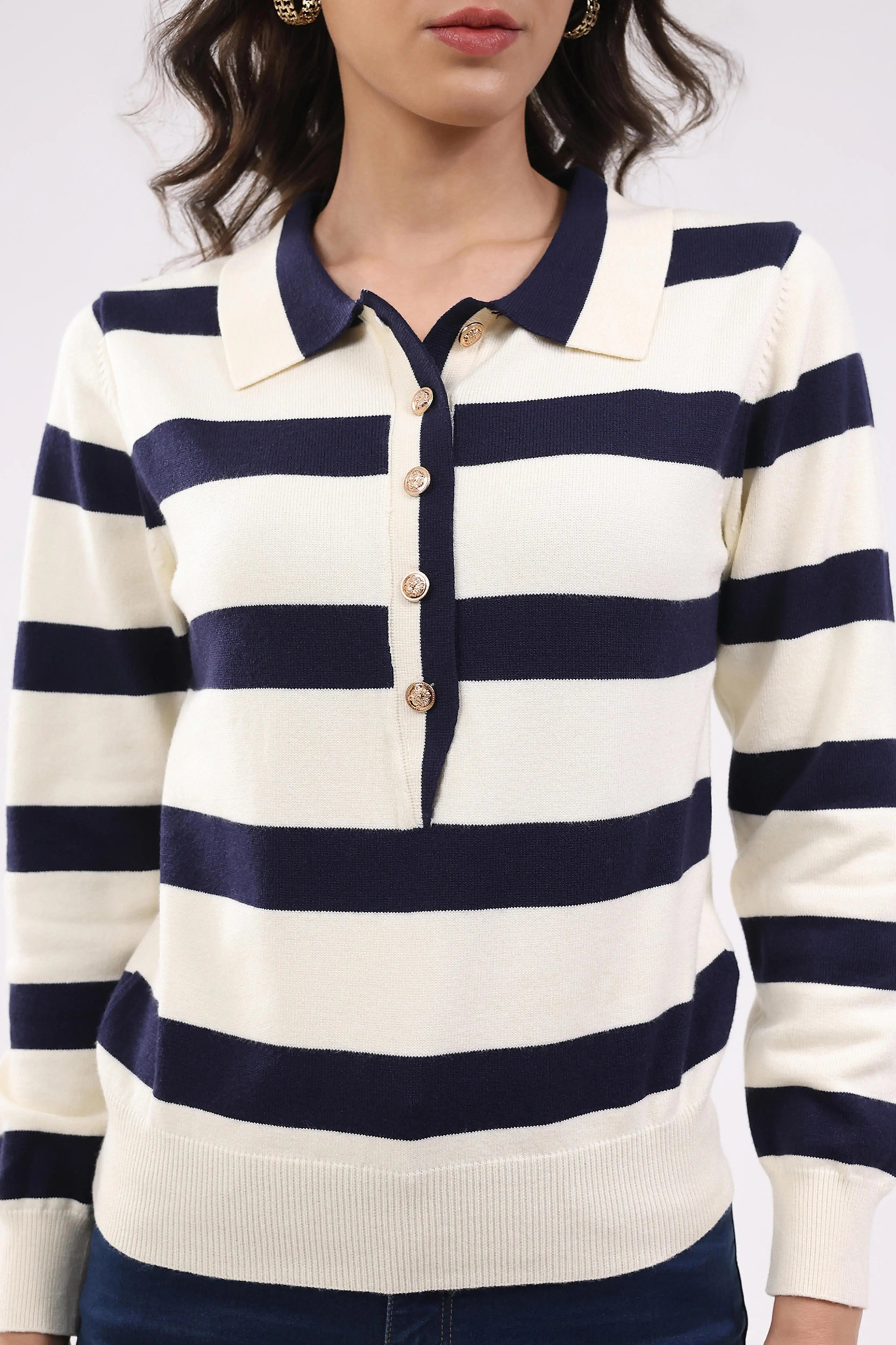 Navy Wool Blend Striped Pullover