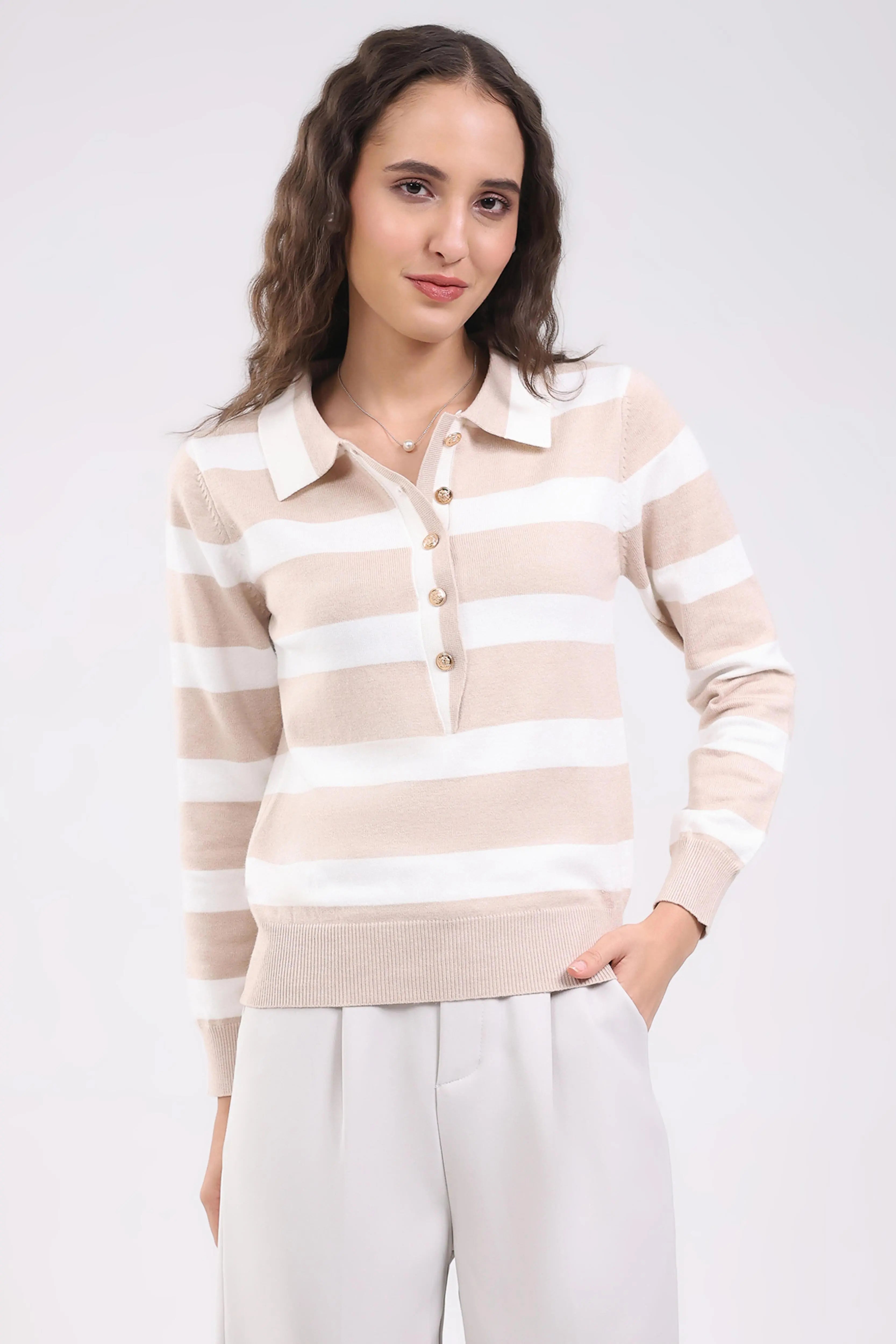 Beige Wool Blend Striped Pullover - Global Republic