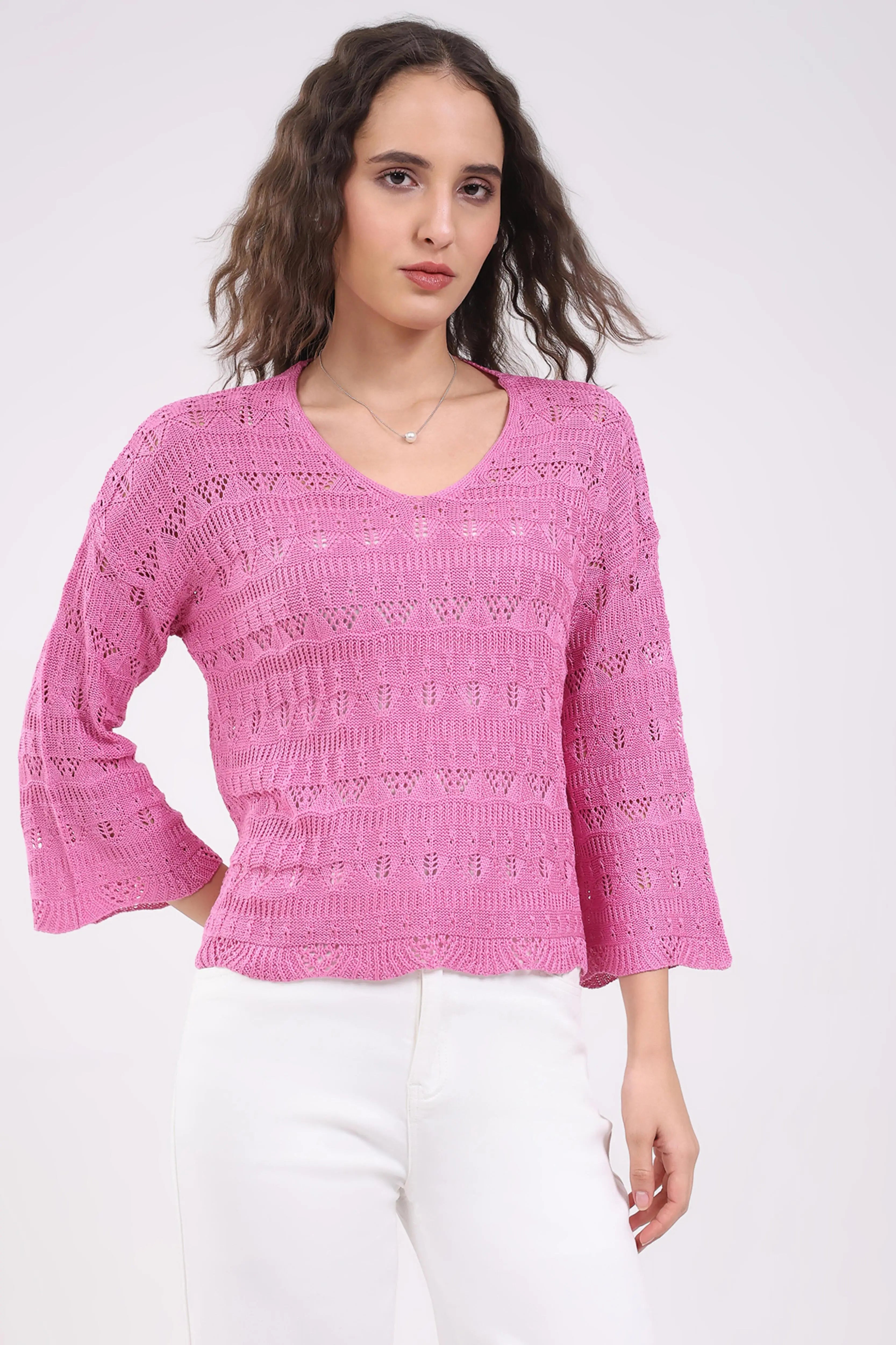 Pink Crochet Bell Sleeve Top - Global Republic