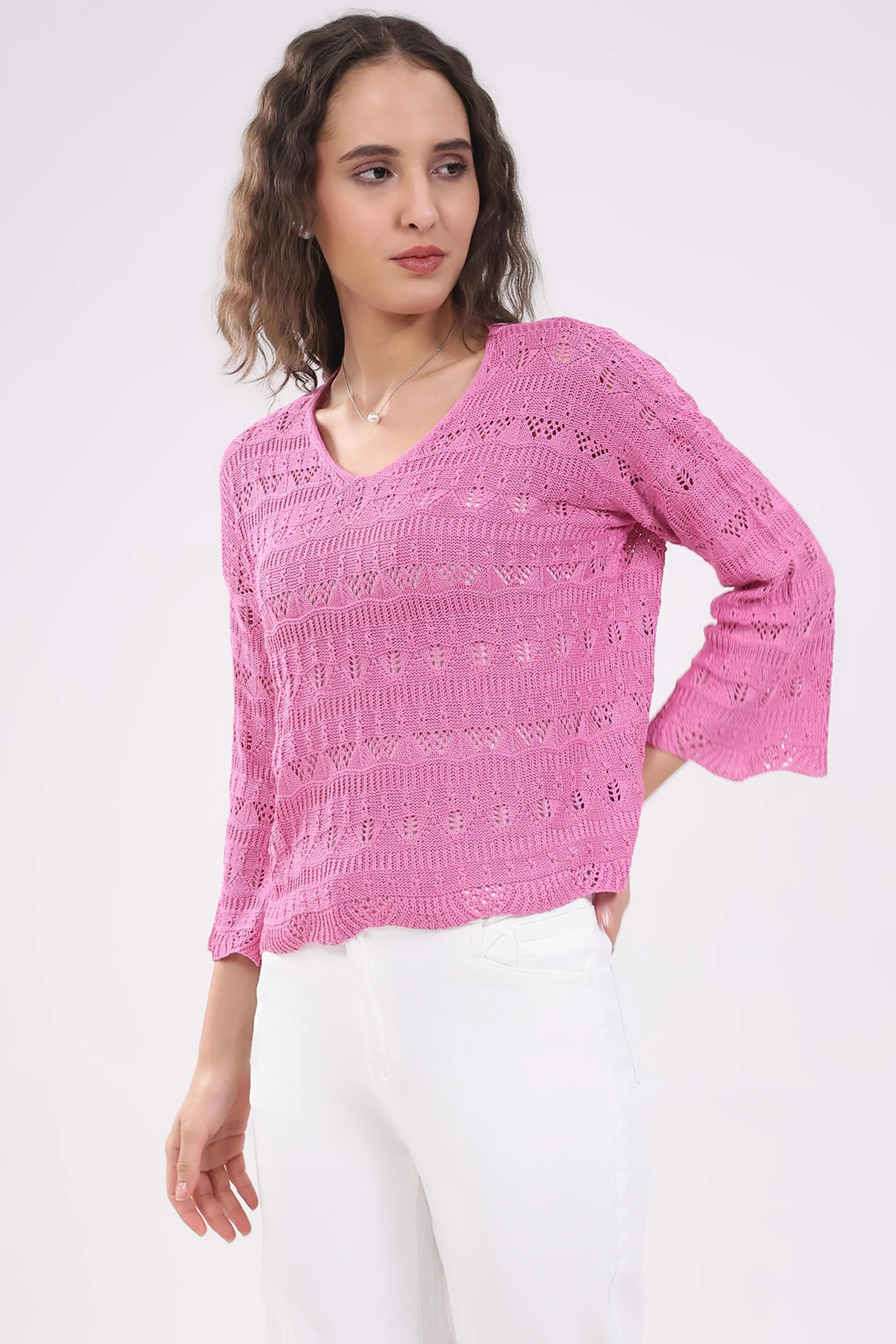 Pink Crochet Bell Sleeve Top - Global Republic