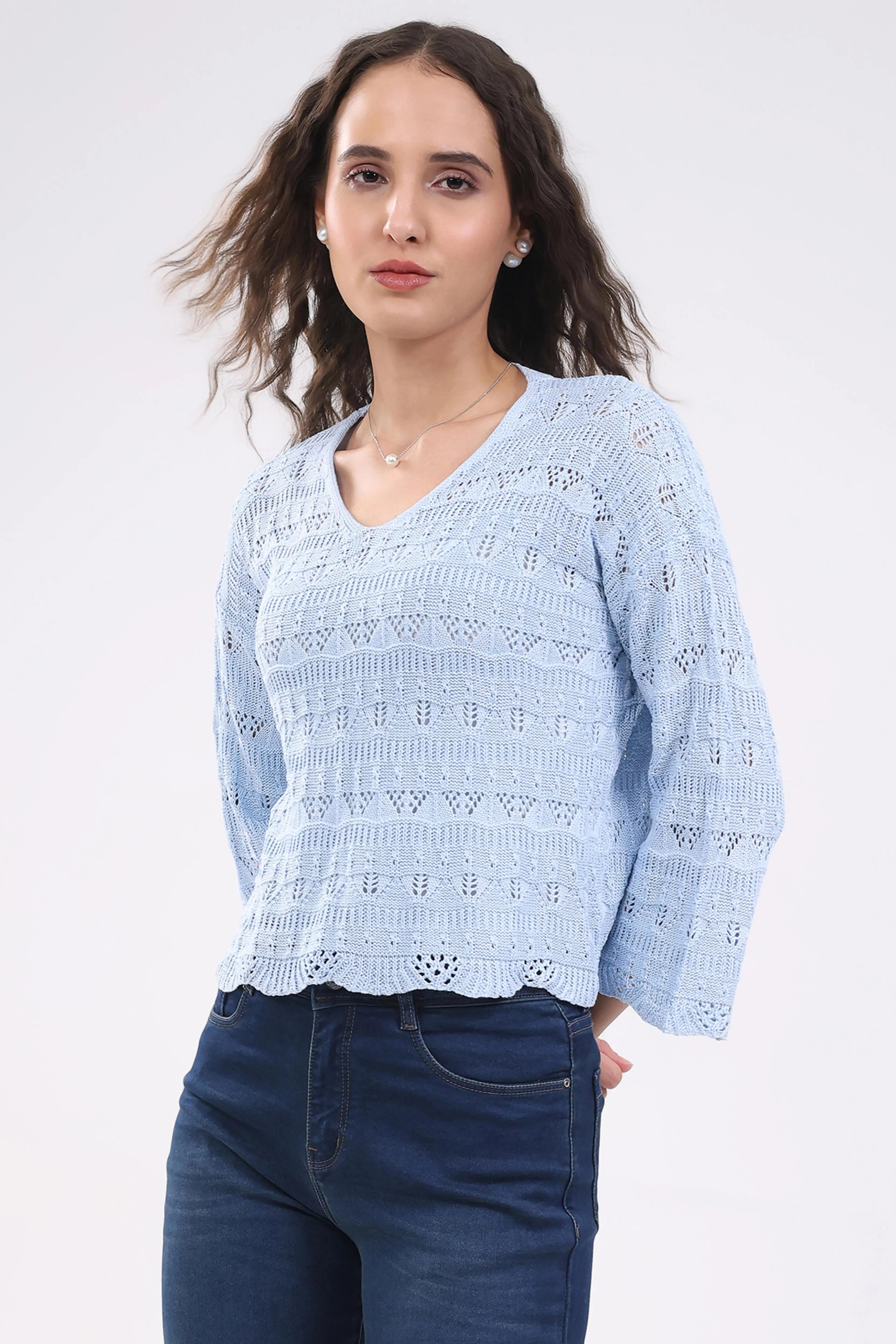 Blue Crochet Bell Sleeve Top - Global Republic