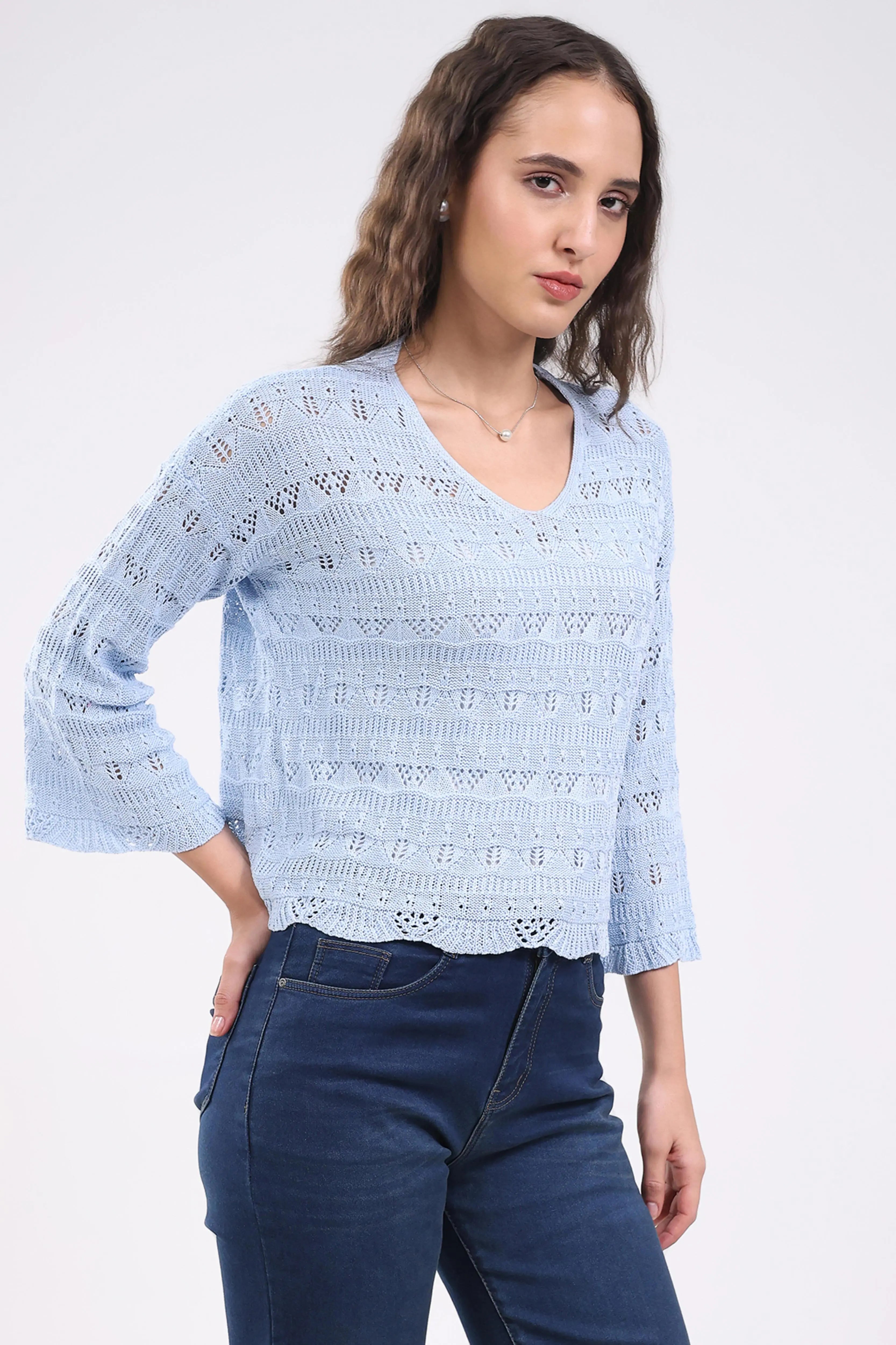 Blue Crochet Bell Sleeve Top - Global Republic