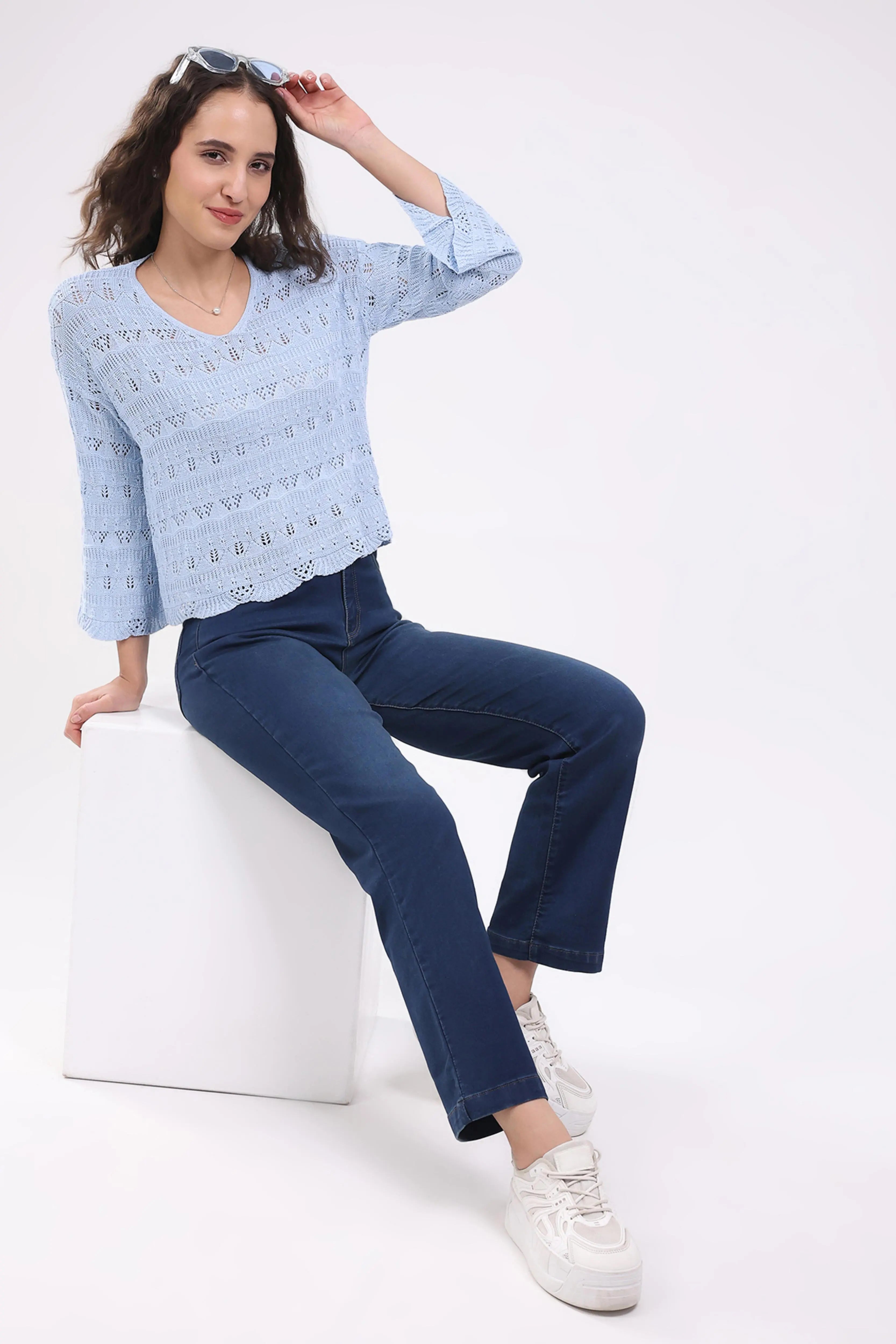 Blue Crochet Bell Sleeve Top - Global Republic