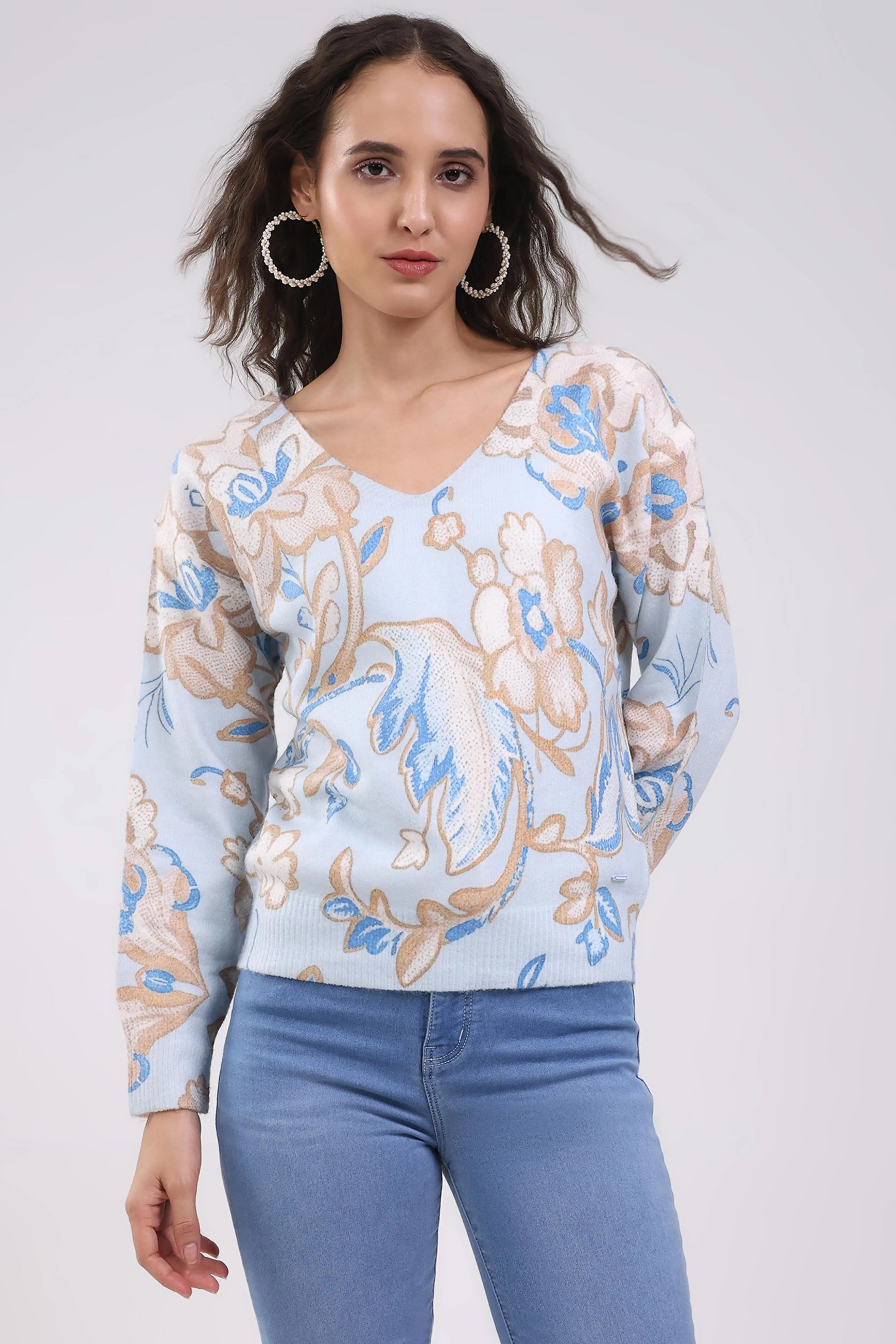 Sky Blue Floral Winter Pullover - Global Republic