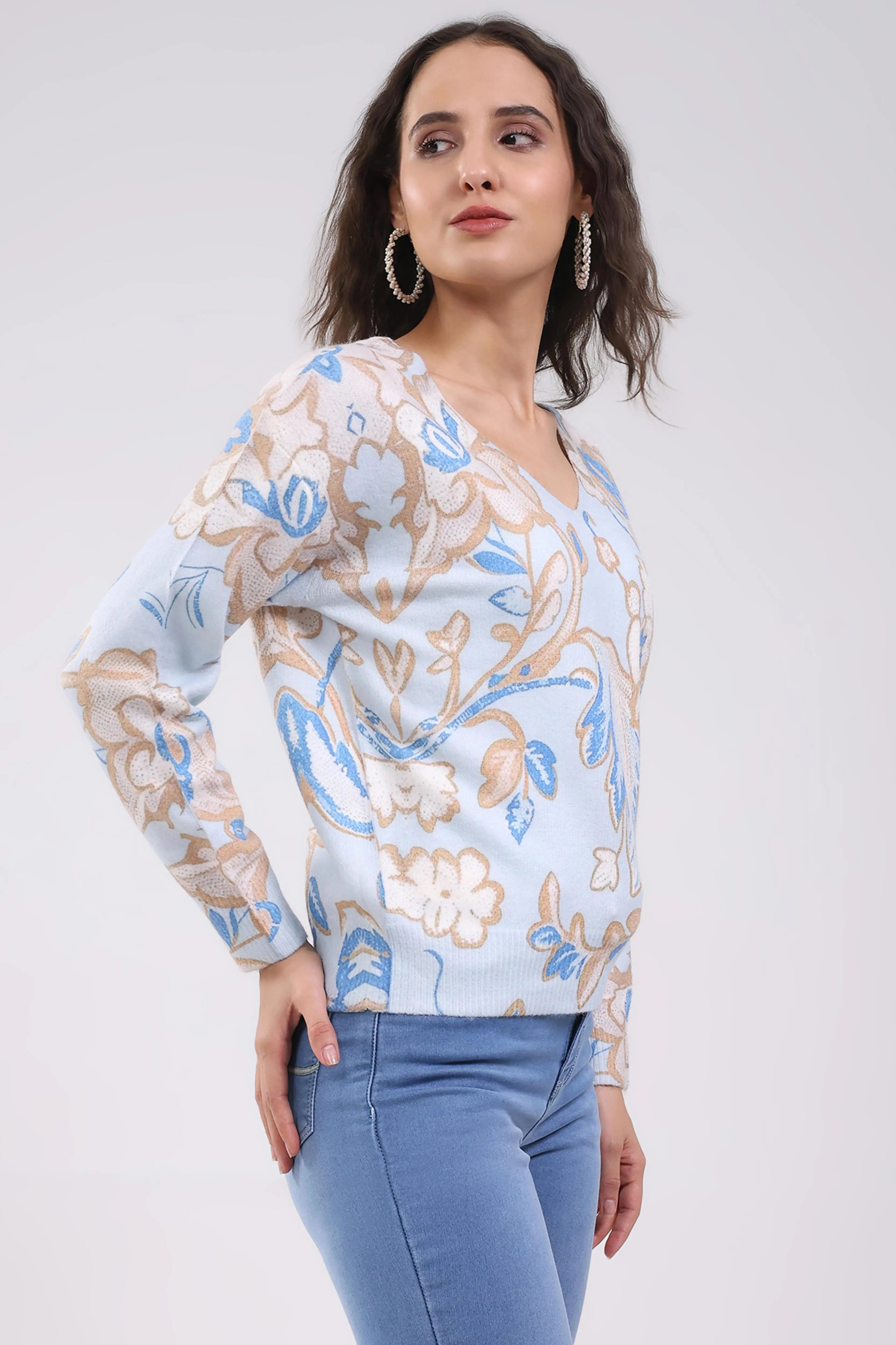 Sky Blue Floral Winter Pullover - Global Republic