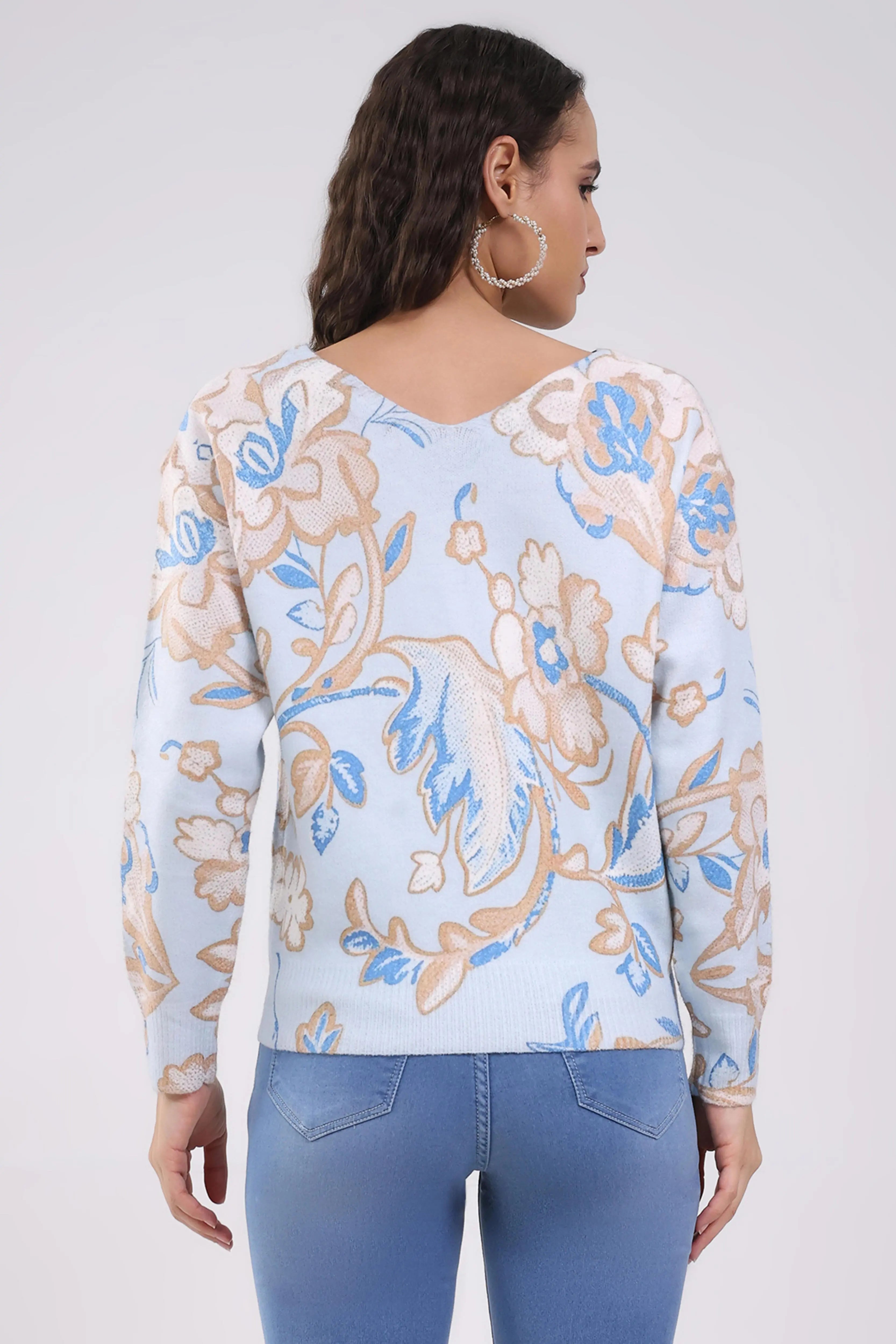 Sky Blue Floral Winter Pullover - Global Republic