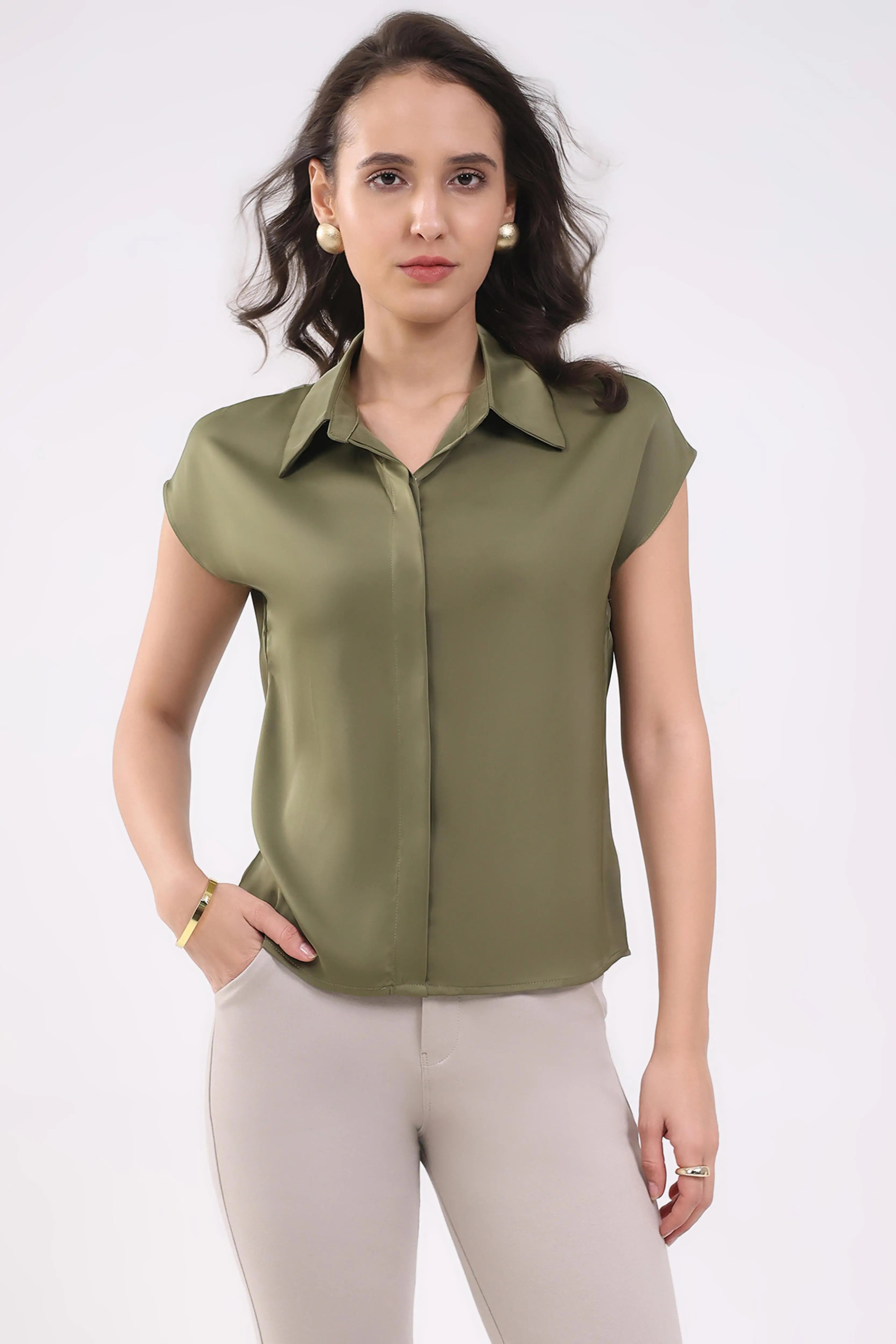 Olive Satin Formal Shirt - Global Republic
