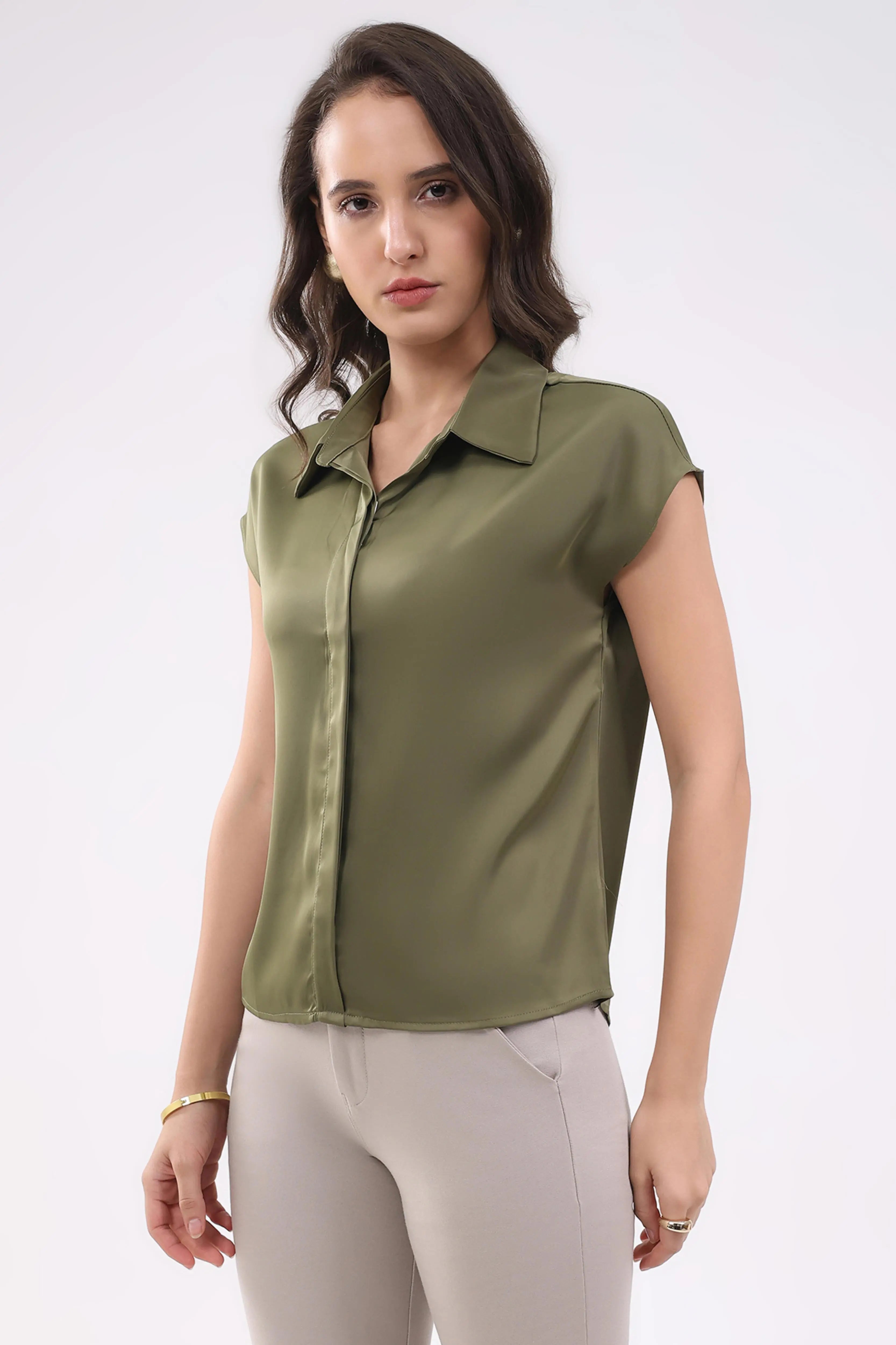 Olive Satin Formal Shirt - Global Republic