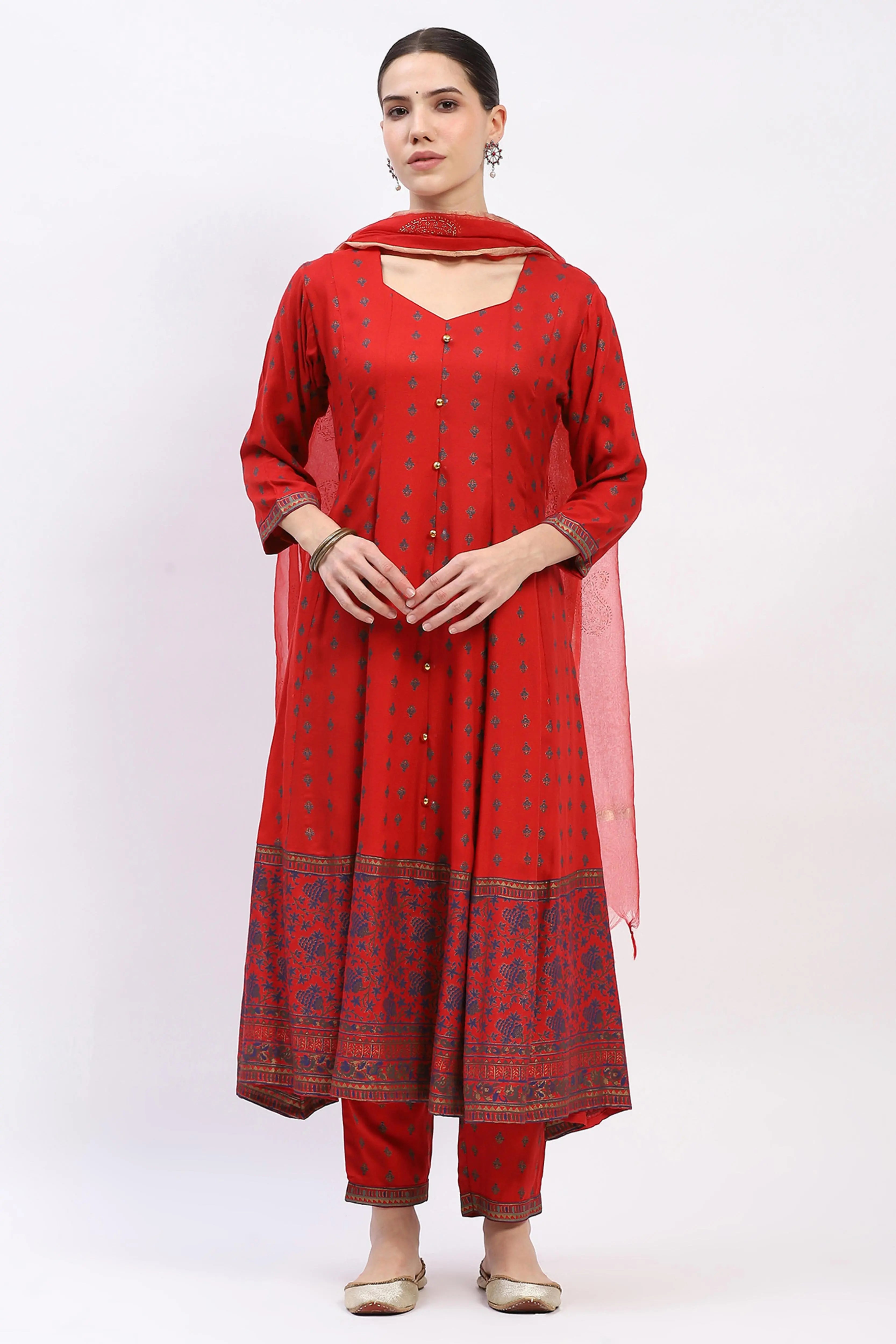 Foil-Printed Muslin Anarkali Suit Set - Global Republic